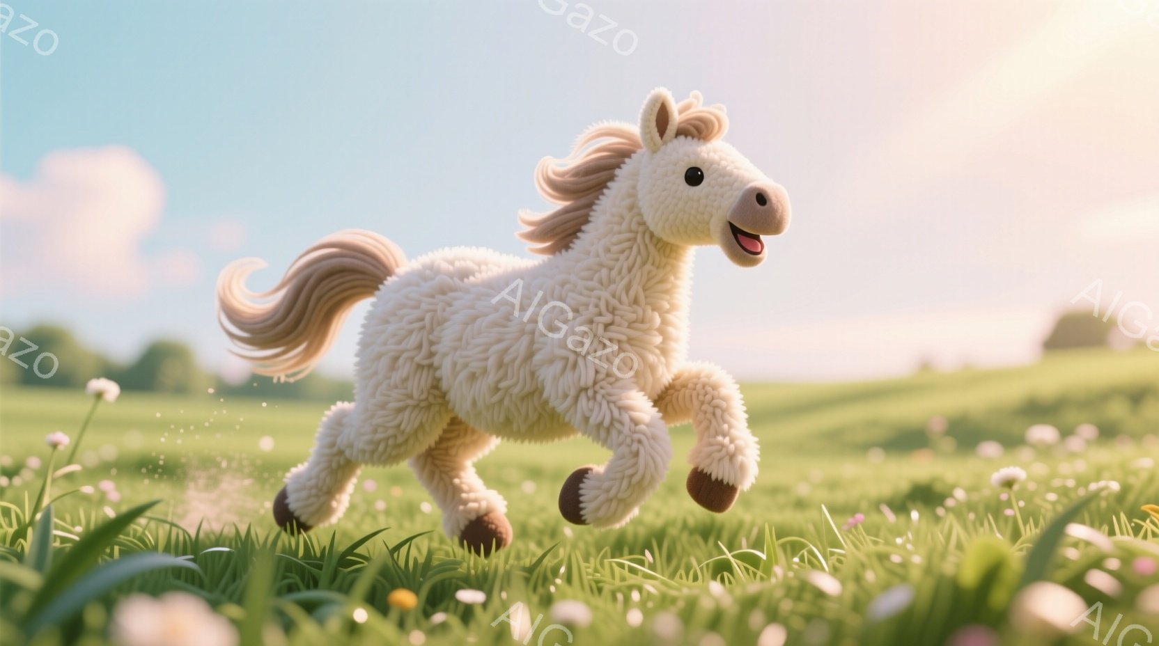 ふわふわとした白い毛並みの小さな馬が、緑豊かな草地を駆け抜けている。その表情は楽しそうで、尾やたてがみも風になびき、春らしい明るい日差しが降り注いでいる。背景には穏やかな丘陵地帯と、白い花が咲き乱れる - AI生成フリー素材