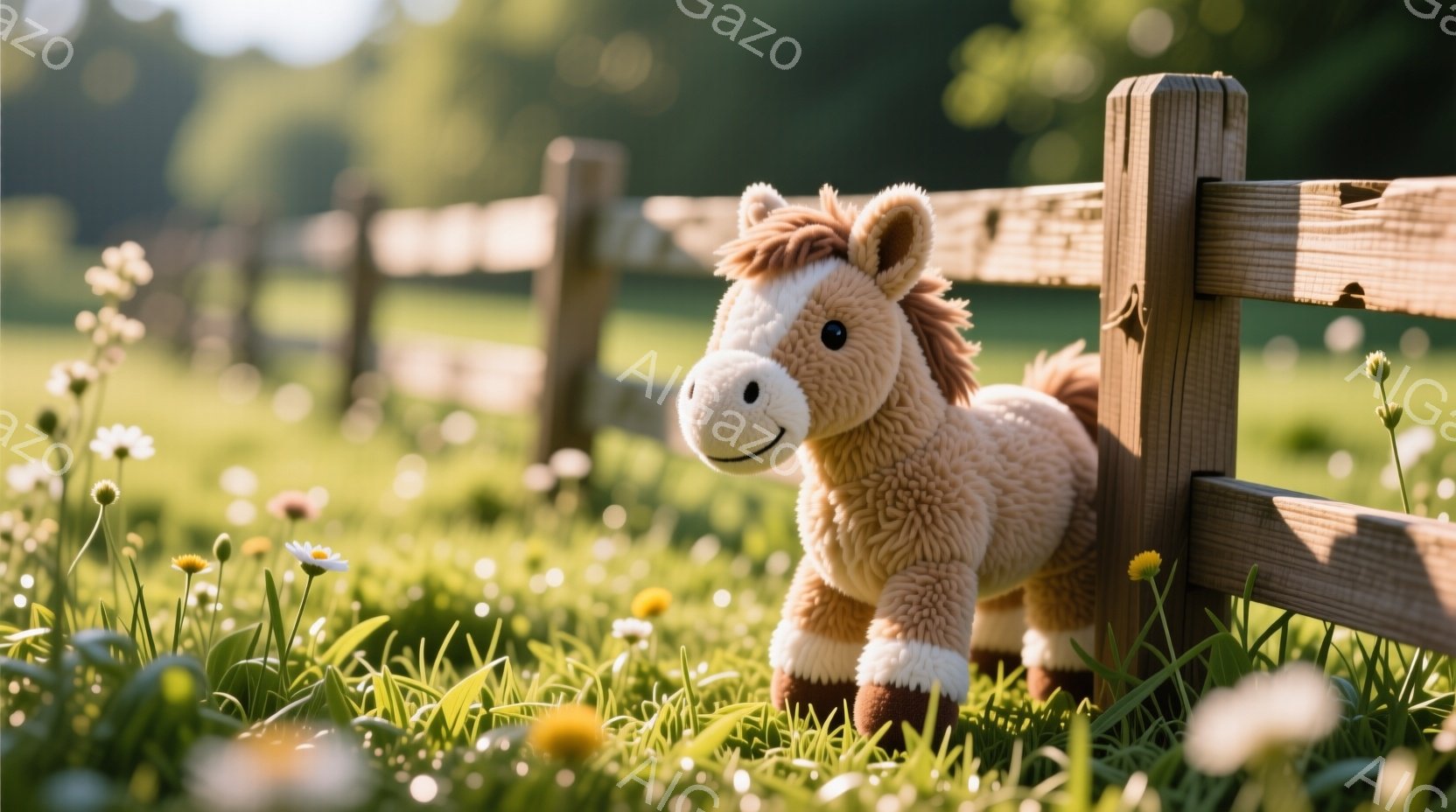 柔らかい茶色の毛並みを持つぬいぐるみのおもちゃが、木製の柵にもたれて立っています。周囲には、白い小さな花や緑の草が茂り、明るい日差しが降り注いで穏やかな雰囲気を醸し出しています。背景は緑豊かな自然で、 - AI生成フリー素材