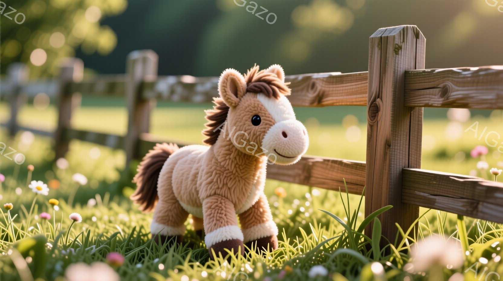 柔らかい茶色の毛並みを持つ、可愛らしい子馬のぬいぐるみが、緑豊かな草地に立っている。背景には木製の柵が並び、所々に白い小さな花が咲き乱れ、穏やかで暖かい雰囲気を作り出している。子馬は正面を向き、優しげな表情で、春の陽光の下で静かに佇んでいる。