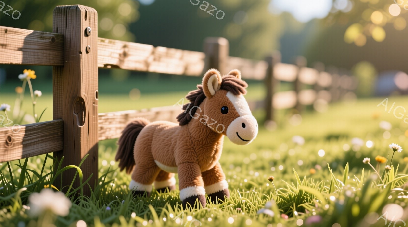 柔らかい茶色の毛並みの仔馬のぬいぐるみは、緑豊かな草の上に立っており、木製の柵のすぐそばにいます。その表情は穏やかで、優しい眼差しが特徴的です。背景には、春らしい野の花が咲き乱れ、暖かな日差しが差し込む牧歌的な風景が広がっています。