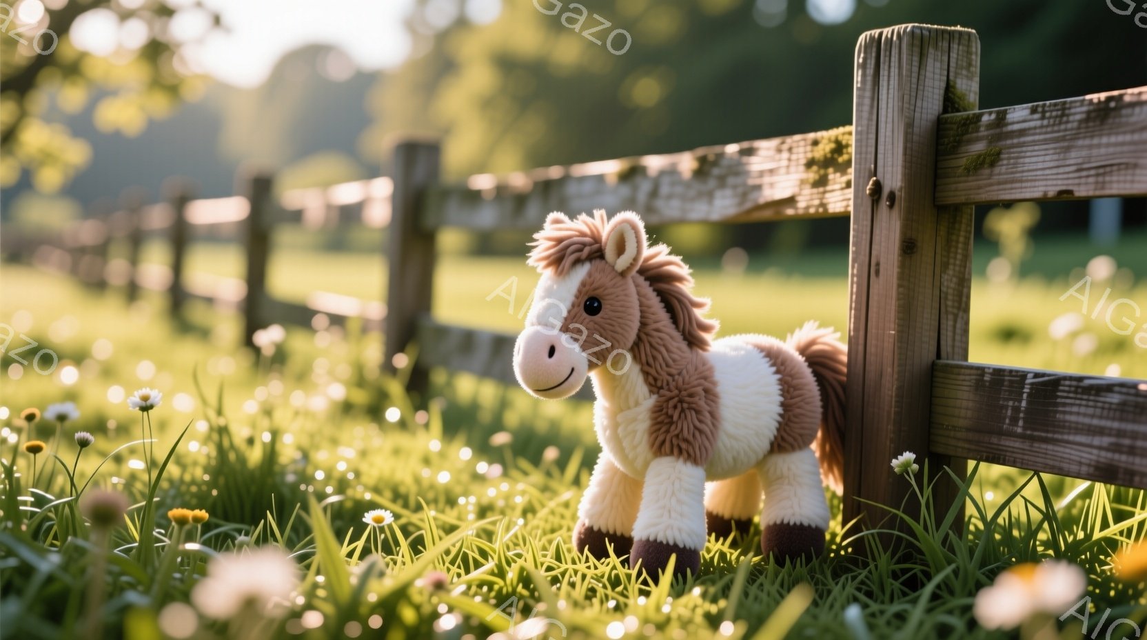 牧草地の中に、茶色と白の毛並みを持つぬいぐるみ馬が立っている。木製の柵に寄りかかり、柔らかな光が差し込む中で、穏やかで安らかな雰囲気が漂っている。背景には緑豊かな草地が広がり、小さな白い花々が咲き乱れ - AI生成フリー素材