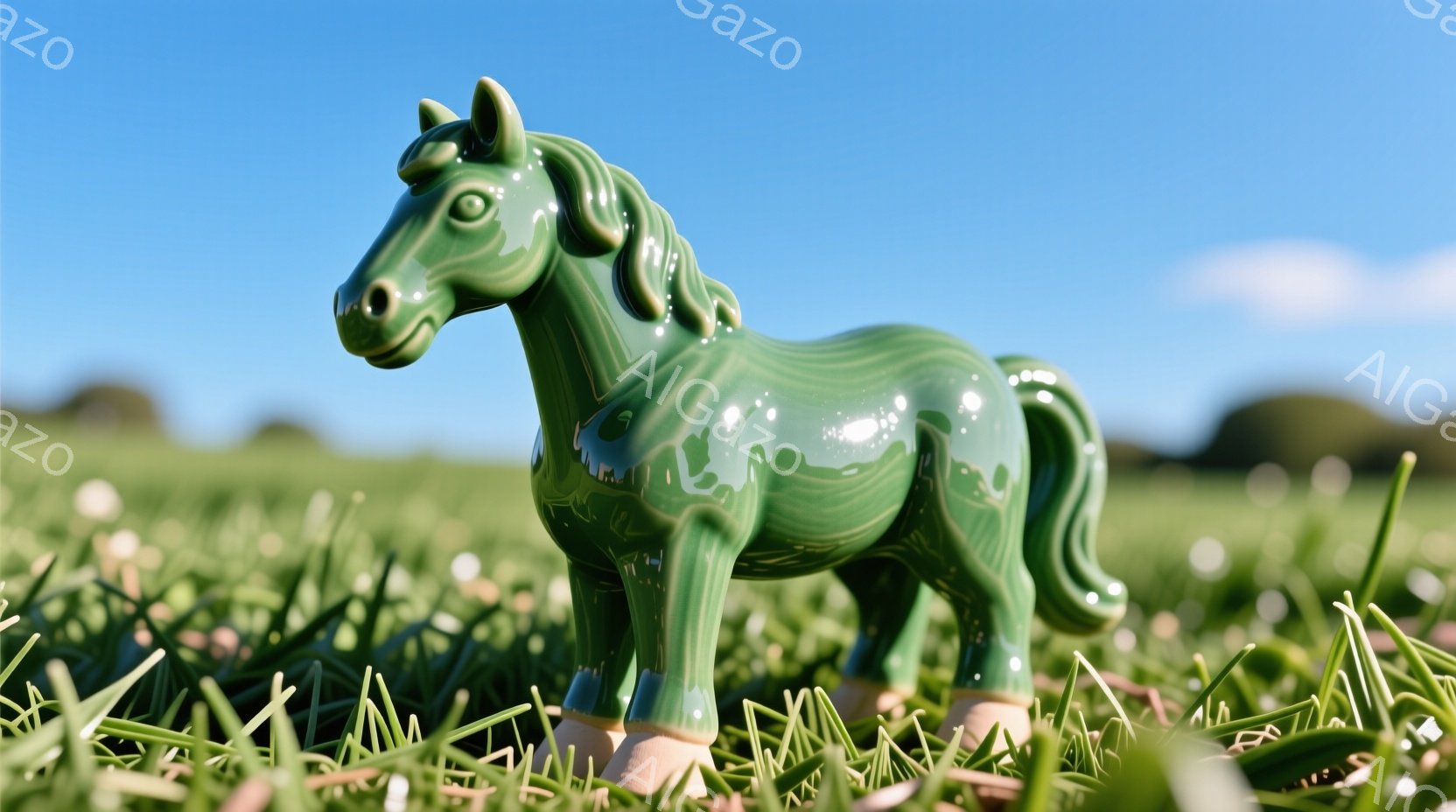 鮮やかな緑色の陶器製馬が、緑豊かな草地の間に立っている。馬は正面を向き、落ち着いた表情で、その陶器の質感が光沢をもって表現されている。背景にはぼやけた緑の草地と、明るい青空が広がり、穏やかで平和な雰囲気を醸し出している。