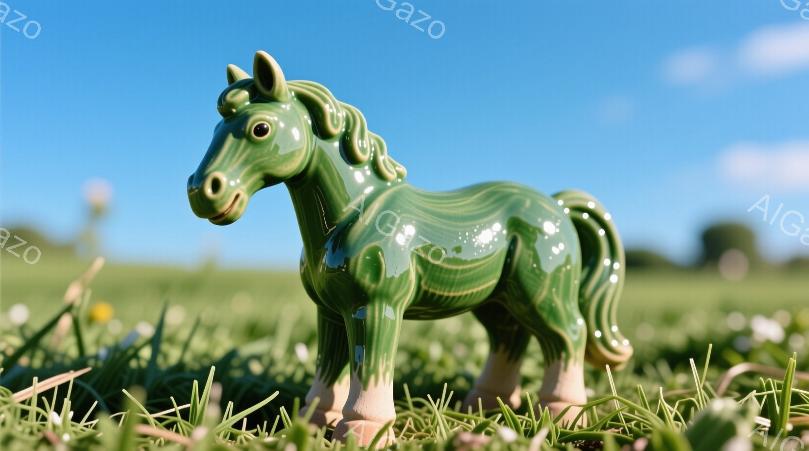 緑色の陶器製の馬が、草むらの中に立っている。馬は滑らかな質感で、光沢があり、穏やかな表情をしている。背景には緑豊かな草原が広がり、晴れた空が広がっている。