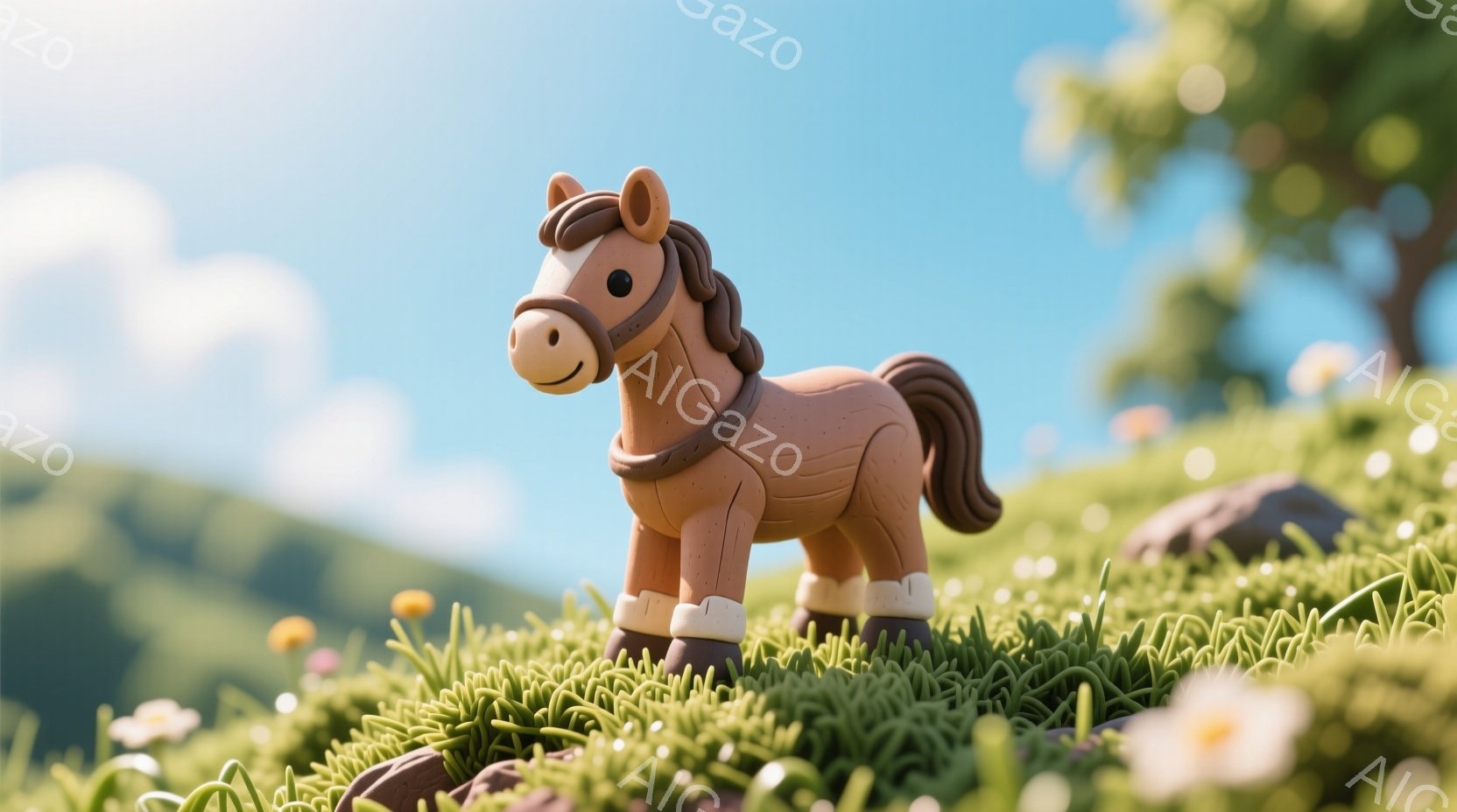 滑らかな質感の茶色の馬のおもちゃが、緑色の草の上に立っている。この馬は、クリーム色の足元と、短い茶色のたてがみと尾を持っている。背景にはなだらかな丘と木々があり、晴れた日の穏やかな風景が広がっている。 - AI生成フリー素材