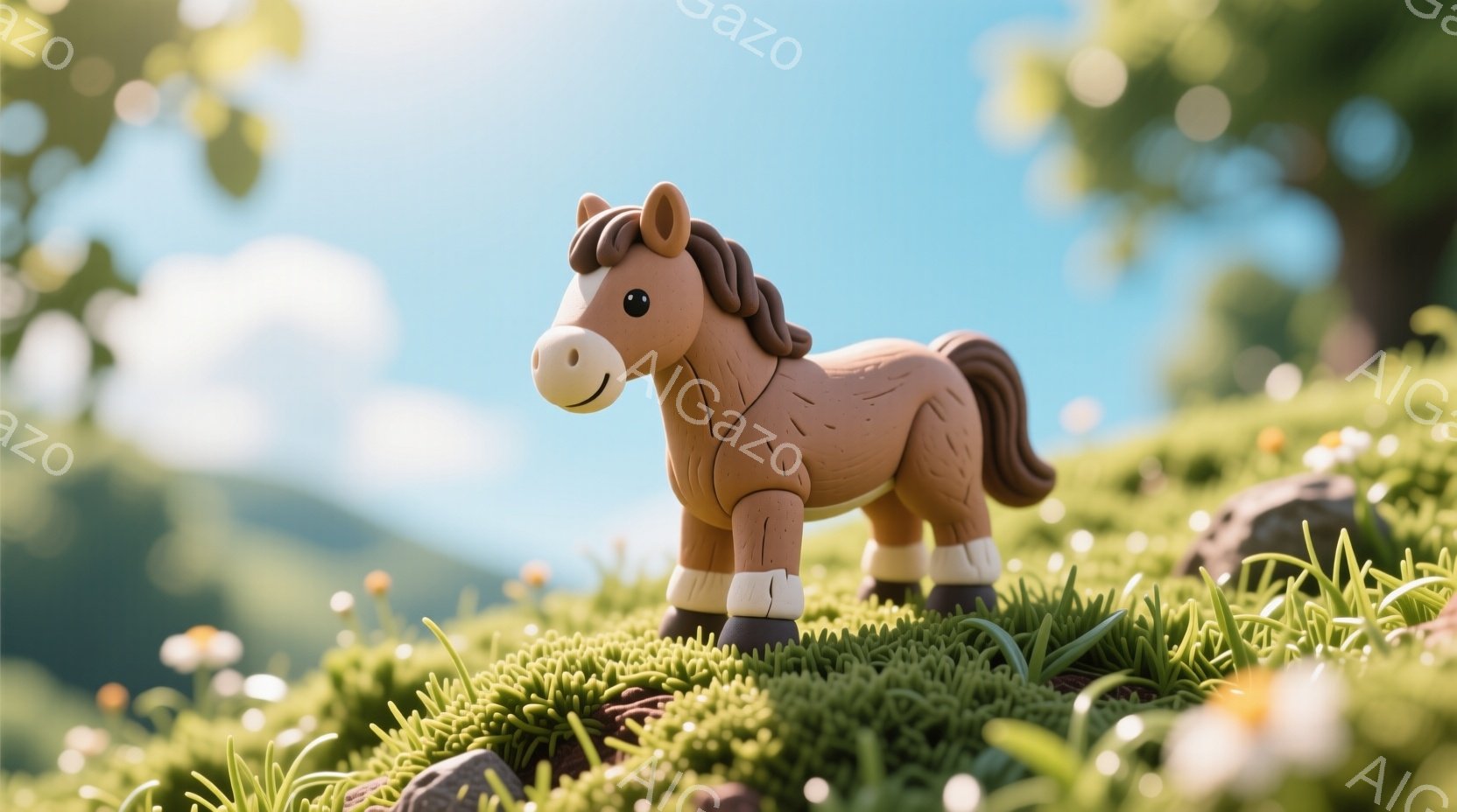 茶色のミニチュアの馬が緑豊かな草の上に立っている様子を描いています。馬は、白く染まった足元と、たてがみと尾が特徴的で、穏やかな表情をしています。背景には、ぼやけた緑の丘と青空が広がり、穏やかで平和な雰 - AI生成フリー素材