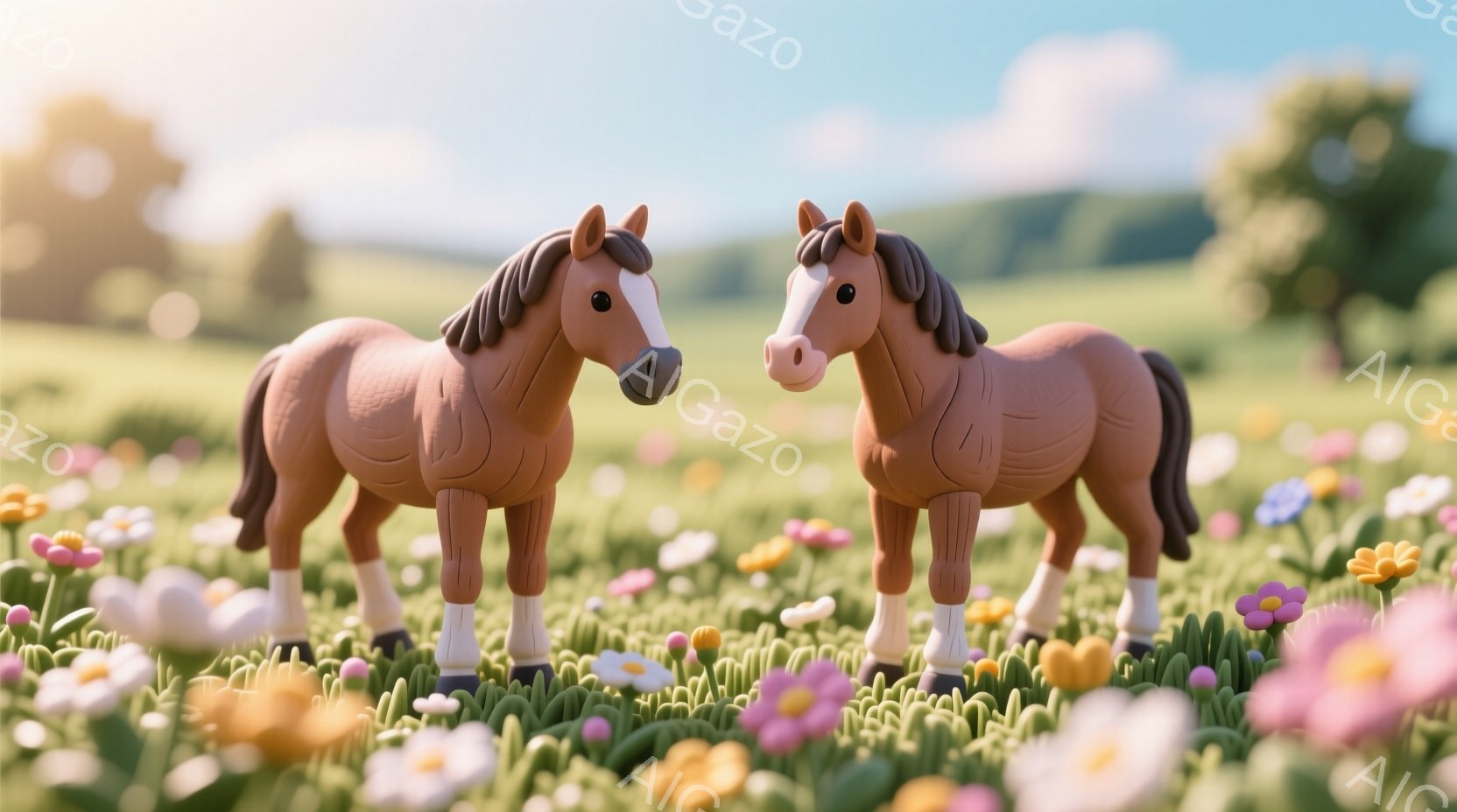 2頭の茶色の馬が、花畑の中で正面を向き合っています。馬たちは白い足飾りをつけ、穏やかな表情をしています。背景には緑豊かな丘と木々が広がり、晴れた日の穏やかな雰囲気を醸し出しています。 - AI生成フリー素材