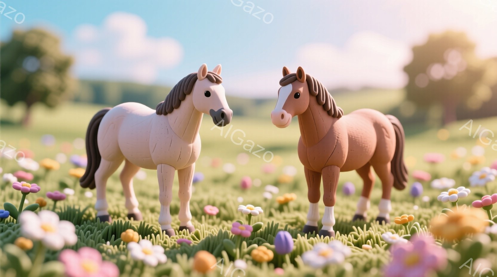 広々とした緑の草原に、二頭の馬が並んで立っている。一方の馬はクリーム色、もう一方の馬は赤褐色をしており、どちらも白い蹄と黒い鬣を持つ。背景には、ぼやけた木々や穏やかな空が広がり、カラフルな花々が草原を - AI生成フリー素材