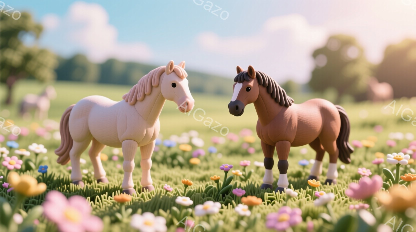 広々とした緑の草原に、クリーム色と茶色の2頭の馬が並んで立っています。周囲には様々な色の花が咲き乱れ、背景には木々が見え、晴天の空が広がっています。全体的に穏やかで牧歌的な雰囲気です。 - AI生成フリー素材