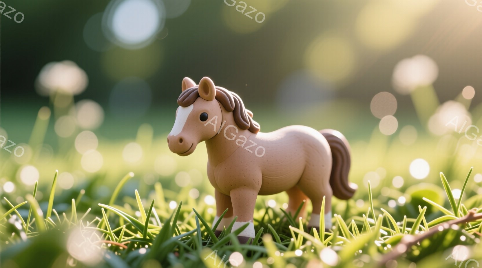 淡い茶色の小さな馬のおもちゃが、緑豊かな草むらに立っている様子が写っている。背景はぼやけた光の粒子で満たされ、暖かく柔らかな雰囲気を醸し出している。全体的に、春の野原でリラックスした穏やかな情景が表現 - AI生成フリー素材