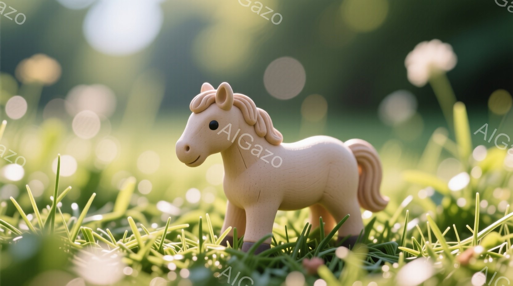 淡いクリーム色の小さな馬のおもちゃが、緑色の草むらの中に立っている。背景はぼかされており、白いタンポポのような花が点在し、柔らかい日差しが降り注いでいる様子が伺える。全体的に穏やかで牧歌的な雰囲気を醸 - AI生成フリー素材