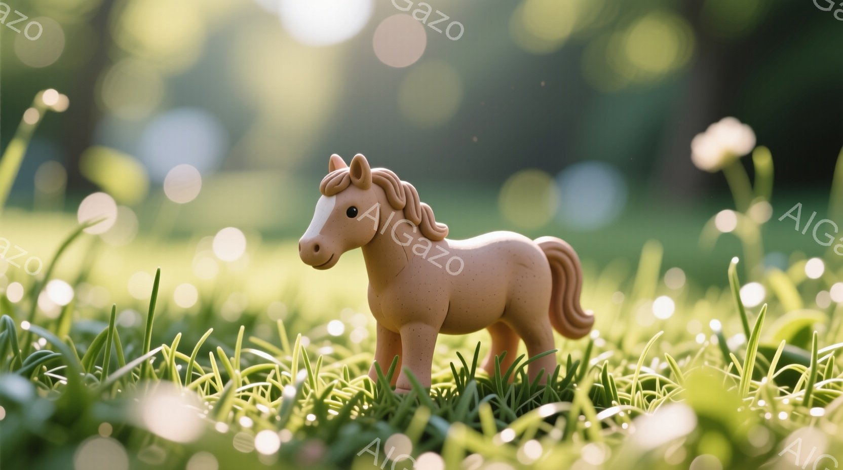 淡黄色の小さな馬のおもちゃが、緑豊かな草の上に立っている。背景はぼやけた光の点々が散りばめられた緑で、暖かく柔らかな雰囲気を醸し出している。馬は正面を向き、穏やかな表情で、静かで平和な情景が描かれてい - AI生成フリー素材