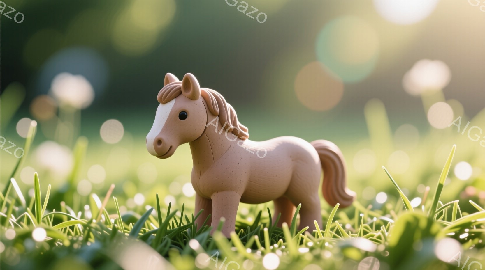 淡い茶色の仔馬が、緑豊かな草むらに立っている。穏やかな表情で、わずかに右を向き、つややかな栗色のたてがみが特徴的だ。背景はぼやけた緑で、光の粒子が舞い、柔らかく暖かい雰囲気を醸し出している。 - AI生成フリー素材