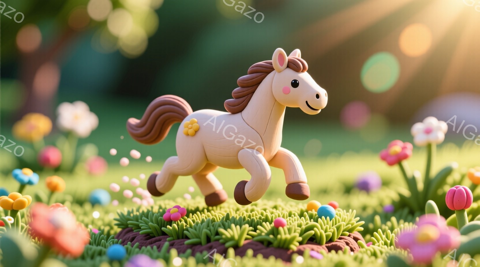 明るい緑色の芝生の上にいる、可愛らしい茶色の馬を描いています。馬は走り、楽しそうな表情で、短い茶色のたてがみと尾を持っています。背景には、様々な色の花が咲き乱れ、暖かく、遊び心のある雰囲気を醸し出しています。