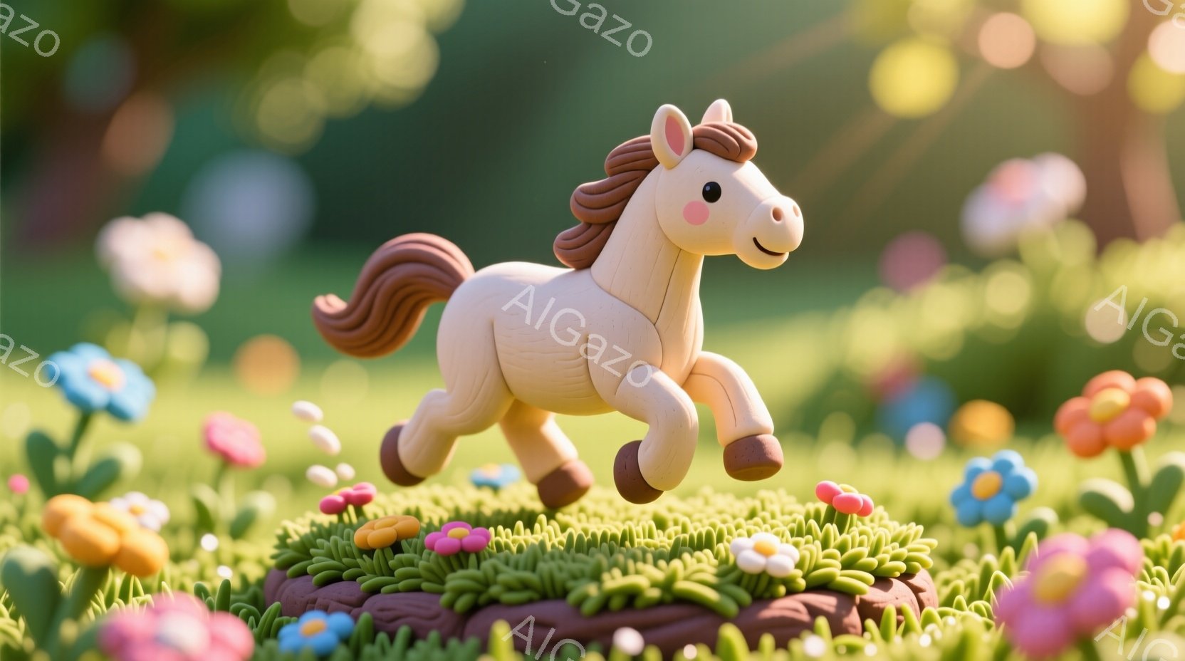滑らかな質感のクリーム色の馬が、緑豊かな草の上に立って走る姿が描かれています。明るいピンクや青、オレンジ色の小さな花々が周囲に咲き乱れ、背景はぼやけた緑色で、柔らかく暖かい日差しが差し込んでいます。全 - AI生成フリー素材