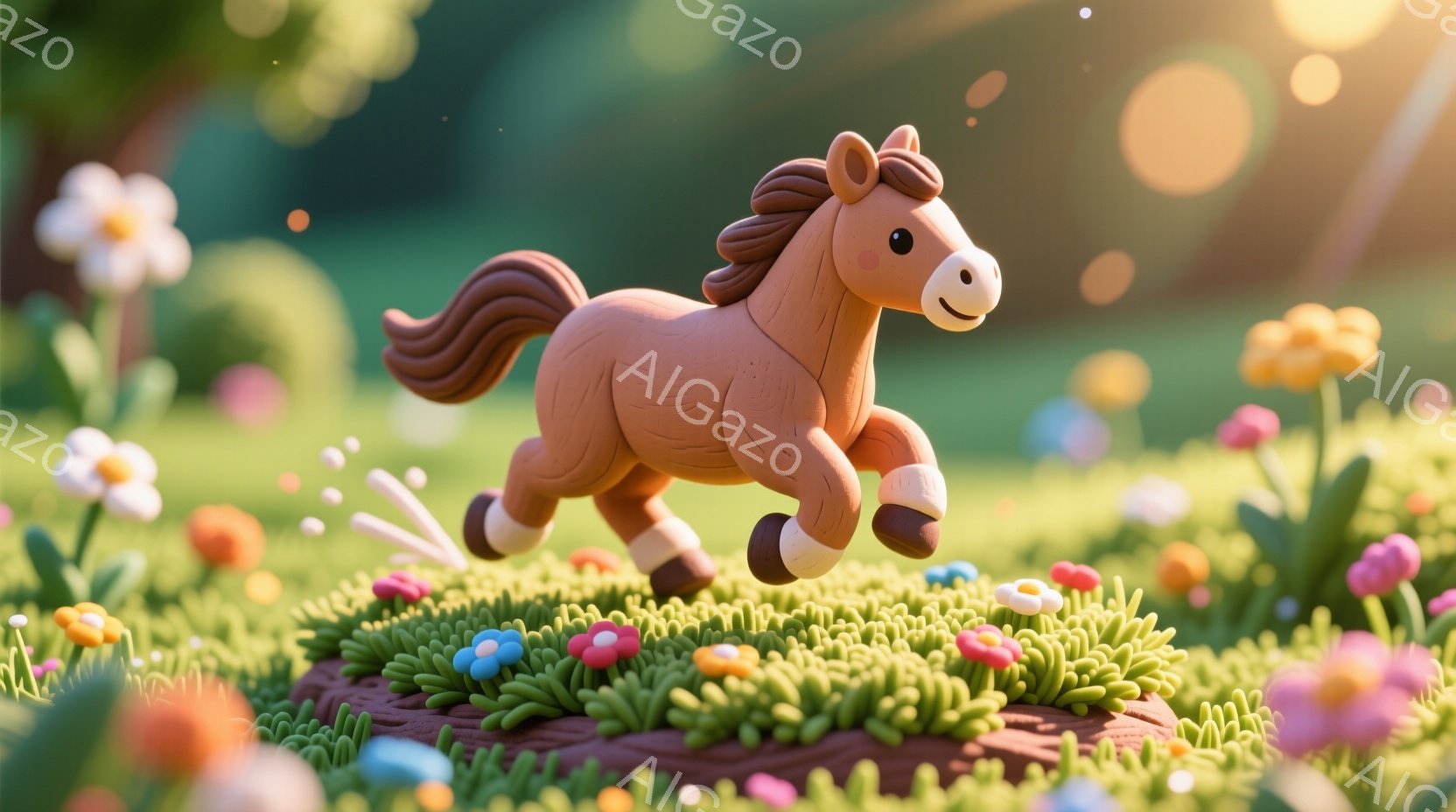 滑らかな質感の茶色の馬が、緑色の草むらと色とりどりの小さな花々が生い茂る丘の上を駆け抜けている。馬は口角を上げ、楽しげな表情で前方を向いており、その動きは軽快で躍動感に満ちている。背景は明るい太陽光に - AI生成フリー素材