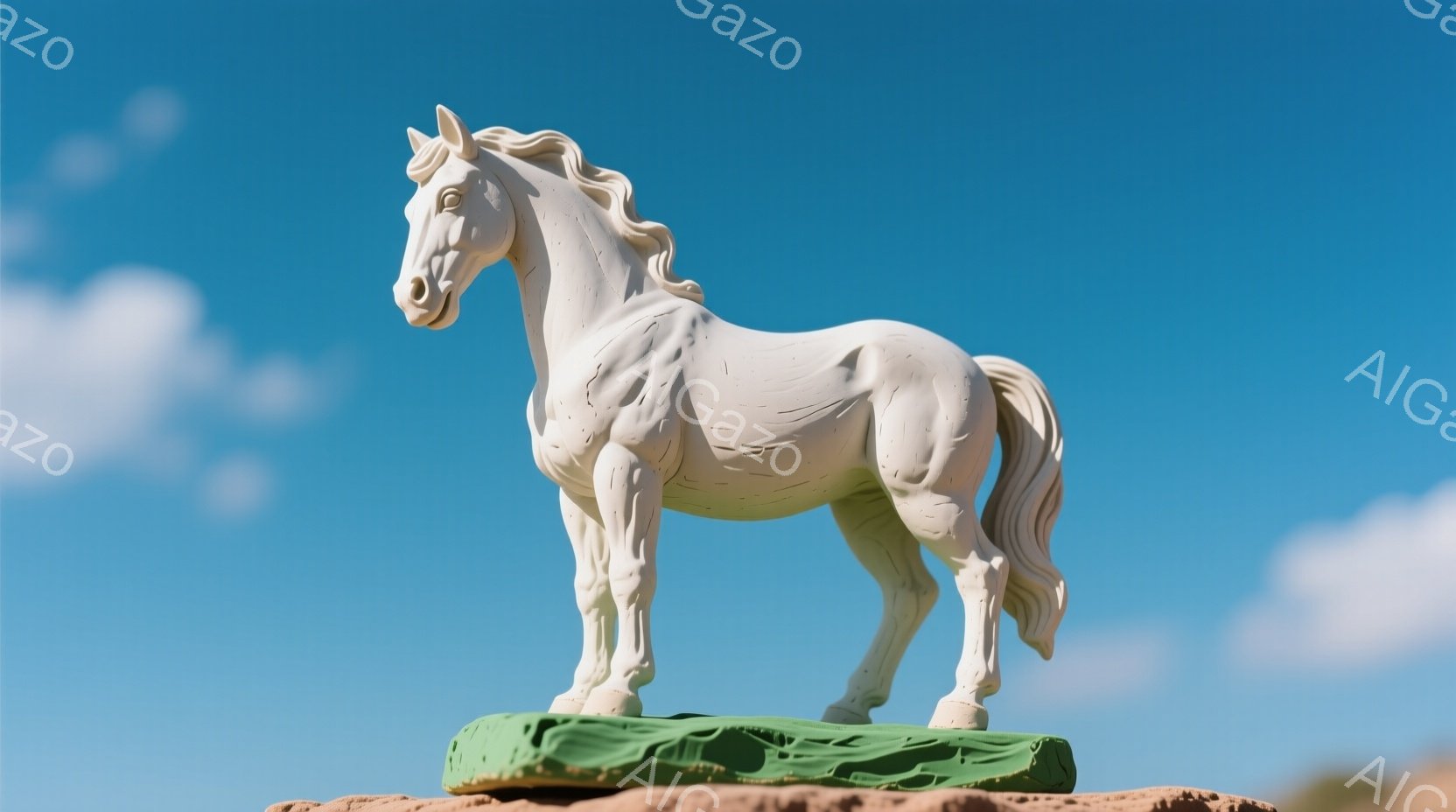 白い彫刻の馬が、緑色の台座の上に立っている。馬は正面を向き、穏やかで静止した姿勢をとっており、彫刻の表面は滑らかで、細部まで丁寧に作られているように見える。背景は晴れた青空とわずかに見える地形で、全体的に平和で穏やかな雰囲気を醸し出している。