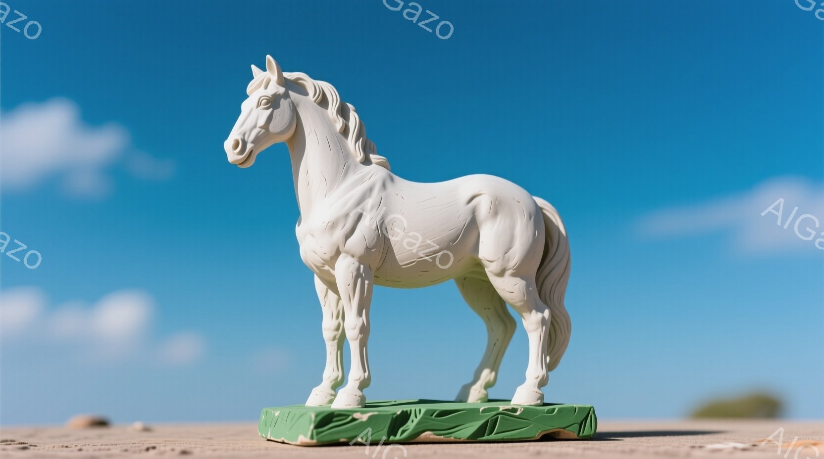 白い馬の彫刻が、緑色の台座の上に静止している。背景には青空と砂浜が広がり、穏やかな日中の屋外の様子が伺える。彫刻は筋肉質な体つきで、力強さと優雅さを兼ね備えた姿をしている。