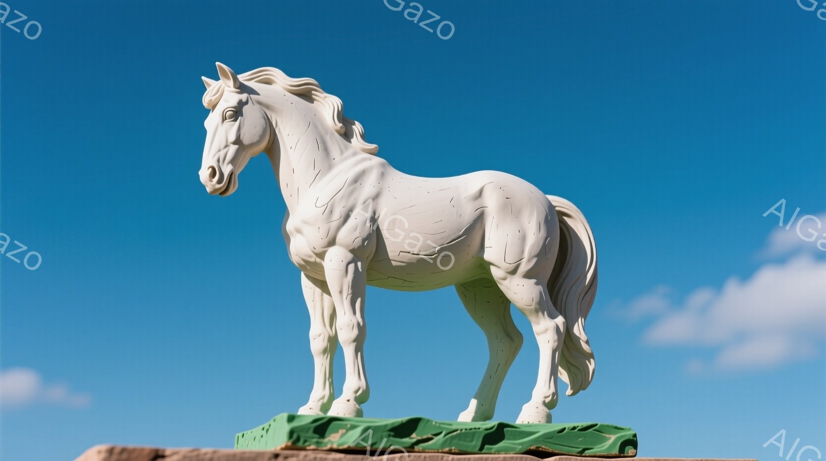 白い彫刻馬が、緑色の基盤の上に立っている。馬は静止しており、正面を向いており、筋肉質な体格が強調されている。背景は澄んだ青空で、一部に雲が見え、晴天の屋外であることを示している。 - AI生成フリー素材