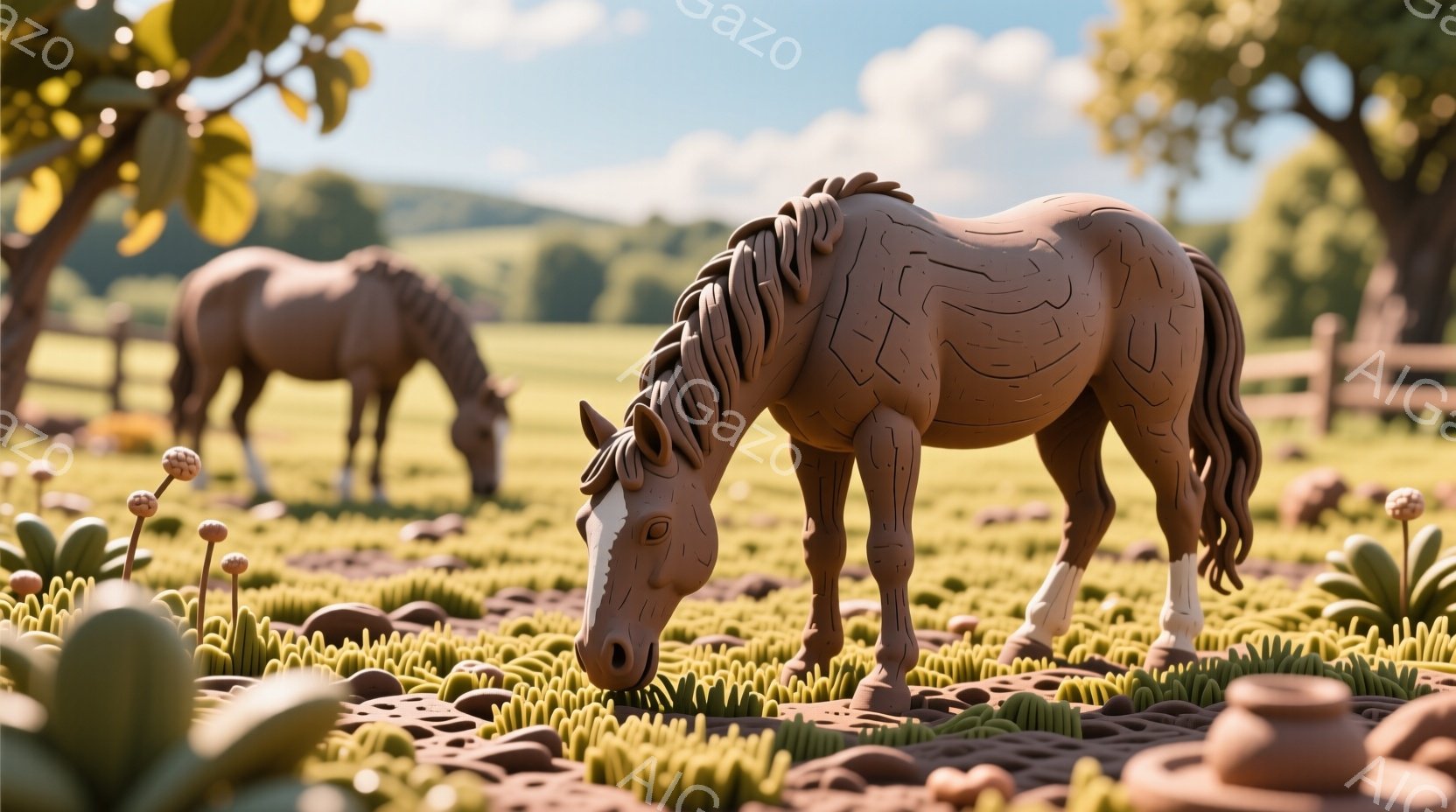 牧草地で二頭の馬が草を食んでいます。馬は茶色の粘土のような質感で表現され、まるで彫刻のような印象を与えます。背景には緑の丘と木々が見え、晴れた空の下、穏やかな雰囲気が漂っています。