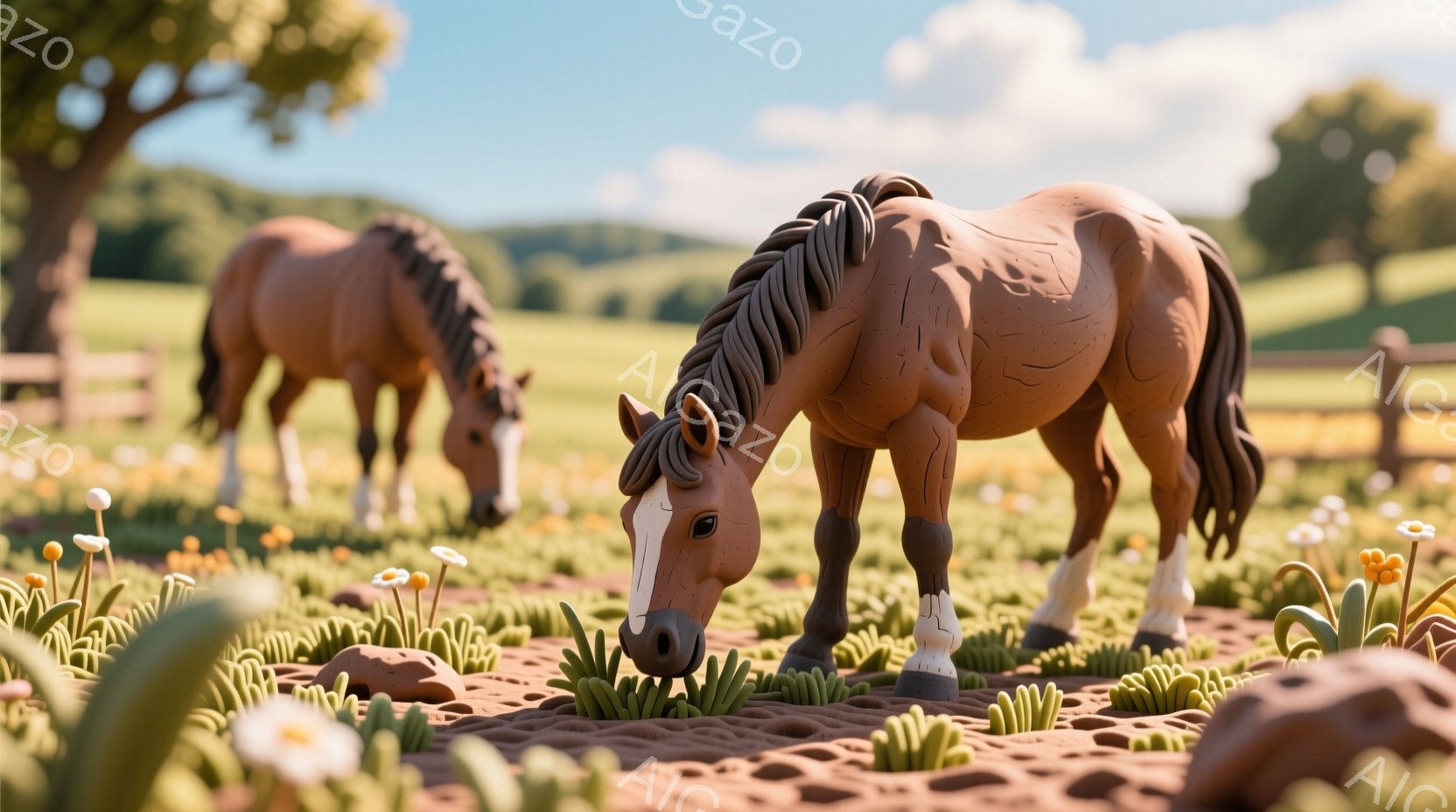 緑豊かな草原で二頭の栗色の馬が草を食んでいます。馬は落ち着いた姿勢で、片方の馬は白く足元が飾られています。背景にはなだらかな丘と木々が見え、晴れた日の穏やかな雰囲気が漂っています。 - AI生成フリー素材