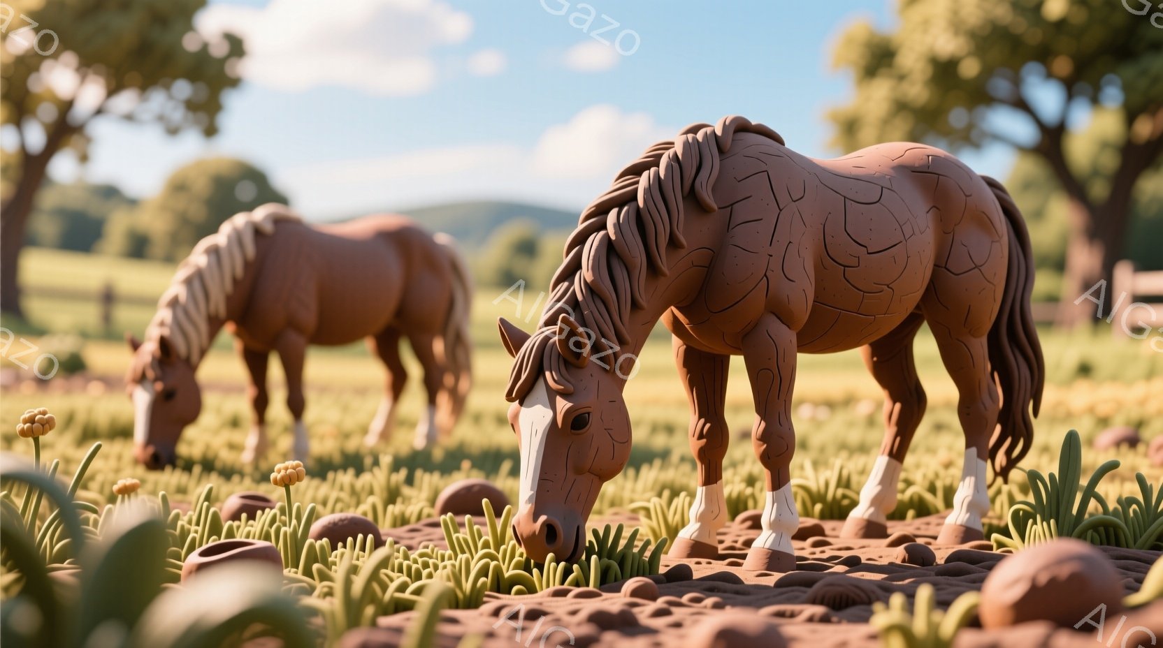 本画像は、模型の野馬が大きな草地を歩きながら、左手で長い髪を引っ張る姿勢で食物を確保しているところに特徴があります。背景は、平和で自然的な土地で、遠くの山が見え、晴れた日の出来であり、陽光が照らしており、雰囲気はリラックスしています。