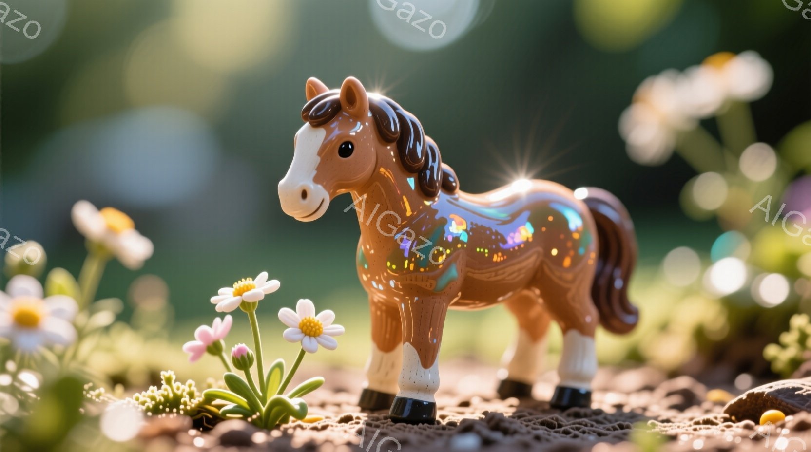 茶色と黒のまだら模様の馬のおもちゃが、緑豊かな草原の中に立っている。背景には、ぼやけた花々や緑が広がり、日差しが暖かく柔らかく降り注いでいる。全体的に、遊び心があり、牧歌的な雰囲気が漂う、鮮やかなシー - AI生成フリー素材