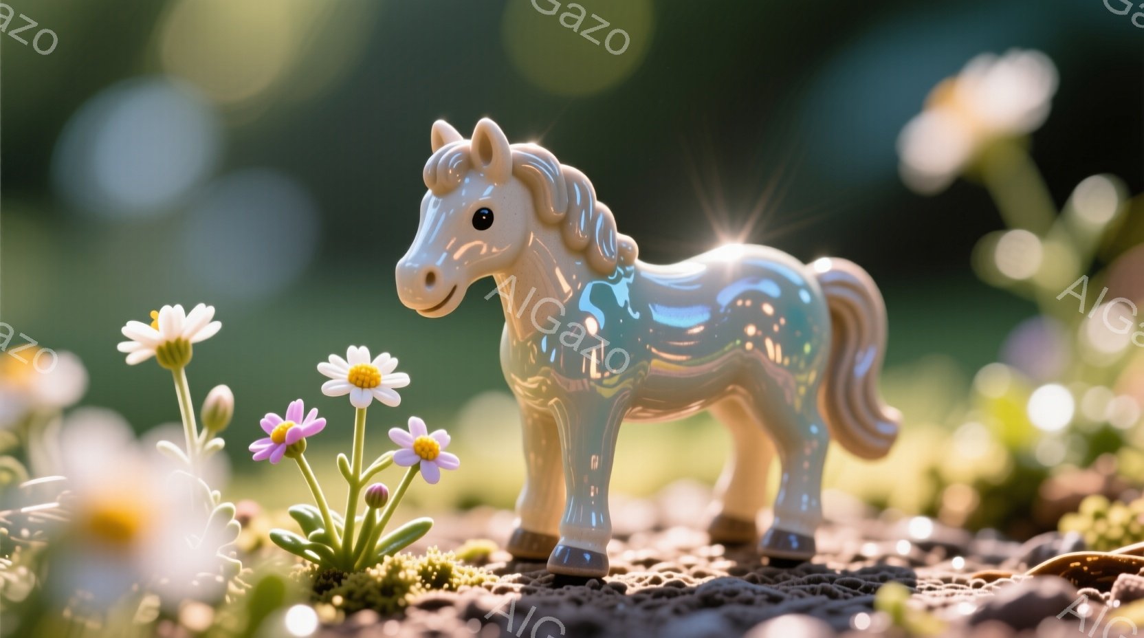 鮮やかな虹色に輝くユニコーンの置物が、緑豊かな草むらの上に静止している。周囲には小さな白いデイジーが咲き、背景はぼやけた緑色の自然で構成され、柔らかく幻想的な雰囲気を醸し出している。光のフレアが置物を照らし、まるで魔法のような世界観を表現している。