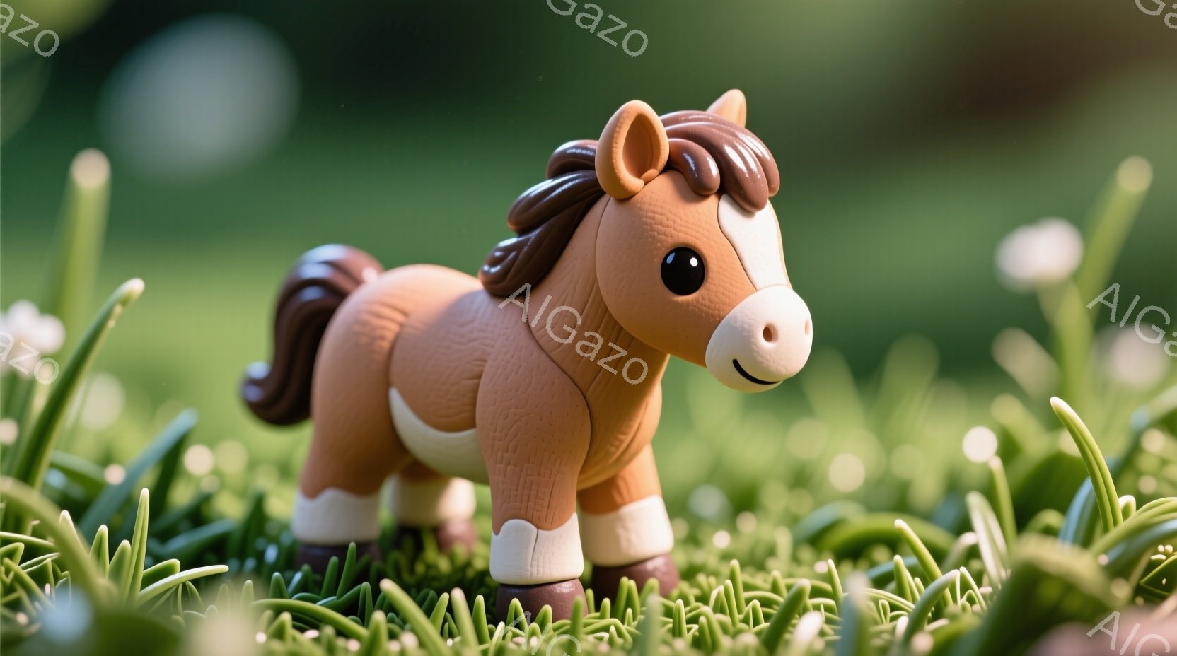 鮮やかな緑の草の上に、茶色の小さな馬のおもちゃが立っています。白い足とたてがみは、おもちゃの可愛らしさを強調しており、穏やかな表情は親しみやすさを感じさせます。背景はぼやけており、馬が自然の中で楽しん - AI生成フリー素材