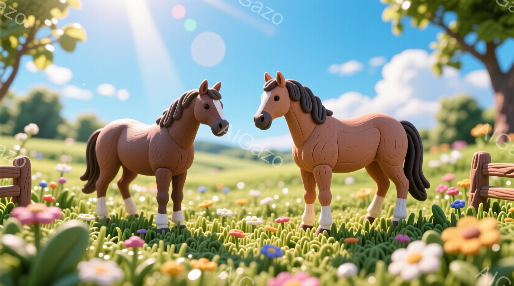 広々とした緑の草原に、二頭の茶色の馬が並んで立っています。馬たちは白い蹄を持ち、その表情は穏やかで、周りには色とりどりの花が咲き乱れています。背景には木々と青空が広がり、晴れた日の牧歌的な雰囲気を醸し出しています。