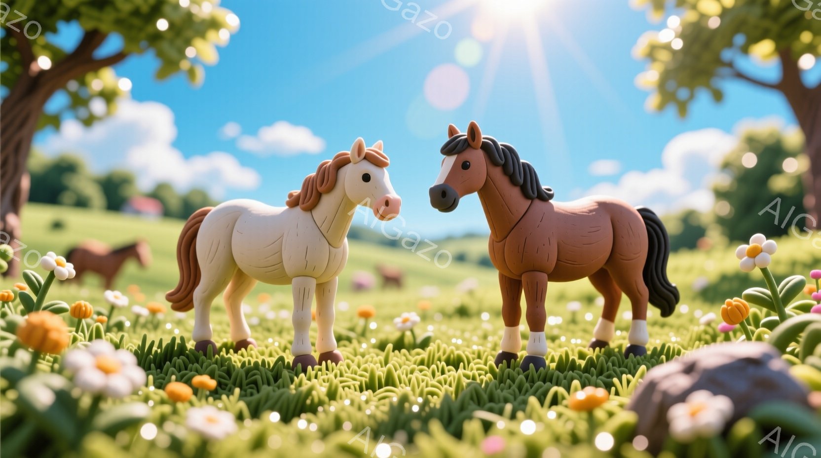 緑の草原に立つ2頭の馬を描いています。一頭はクリーム色で、もう一頭は茶色で、どちらも穏やかな表情で正面を向いています。背景には他の馬、花、木々、そして晴れた空が広がっており、平和で牧歌的な雰囲気を作り - AI生成フリー素材