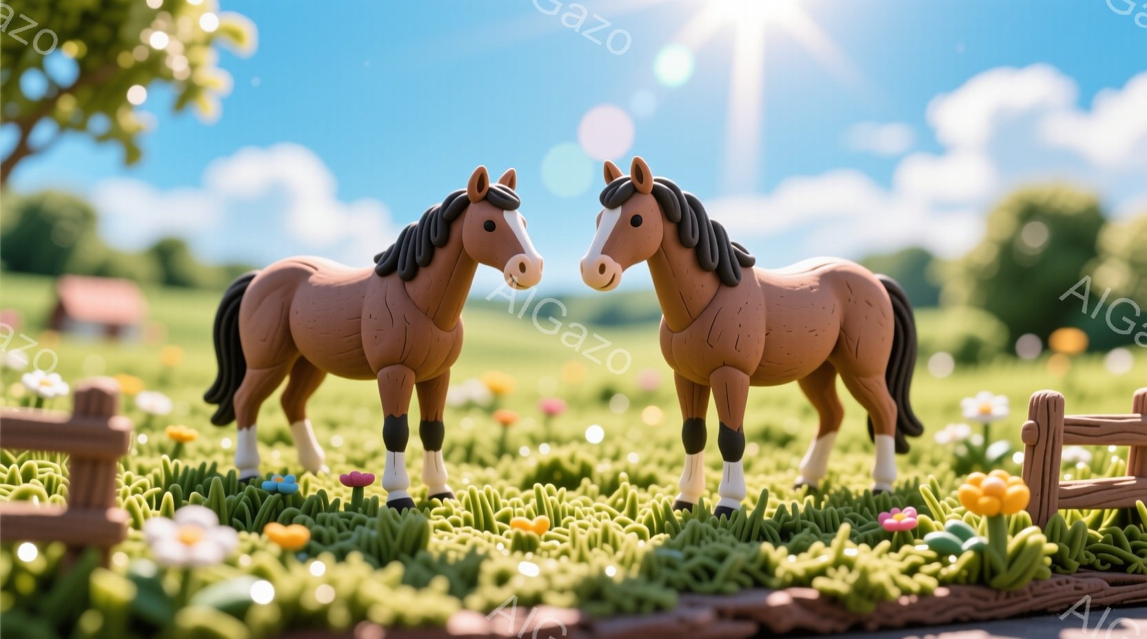 鮮やかな緑の草原に、二頭の茶色の馬が並んで立っています。周囲には小さな花が咲き乱れ、木製の柵が配置されています。青空と白い雲が広がり、晴れた日の穏やかな牧歌的な雰囲気が漂っています。 - AI生成フリー素材