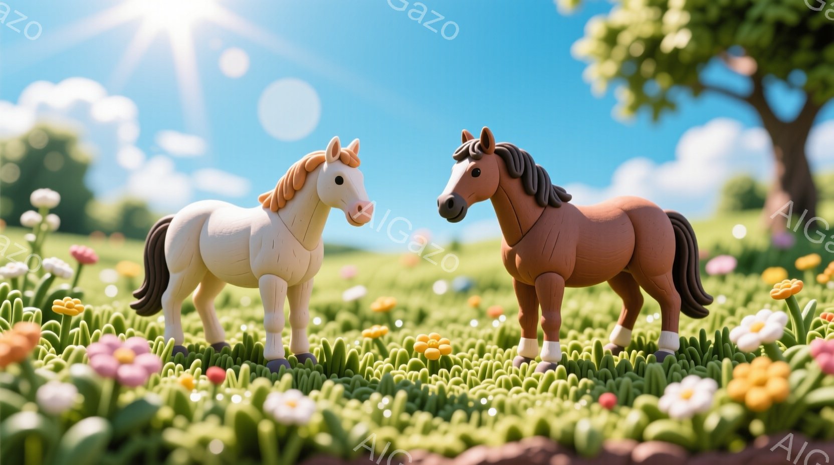 鮮やかな緑の草原に、白と茶色の2頭の馬が並んで立っています。周りには色とりどりの小さな花が咲き乱れ、背景には木々が見え、晴れた空からは太陽の光が降り注いでいます。全体的に穏やかで牧歌的な雰囲気が漂って - AI生成フリー素材