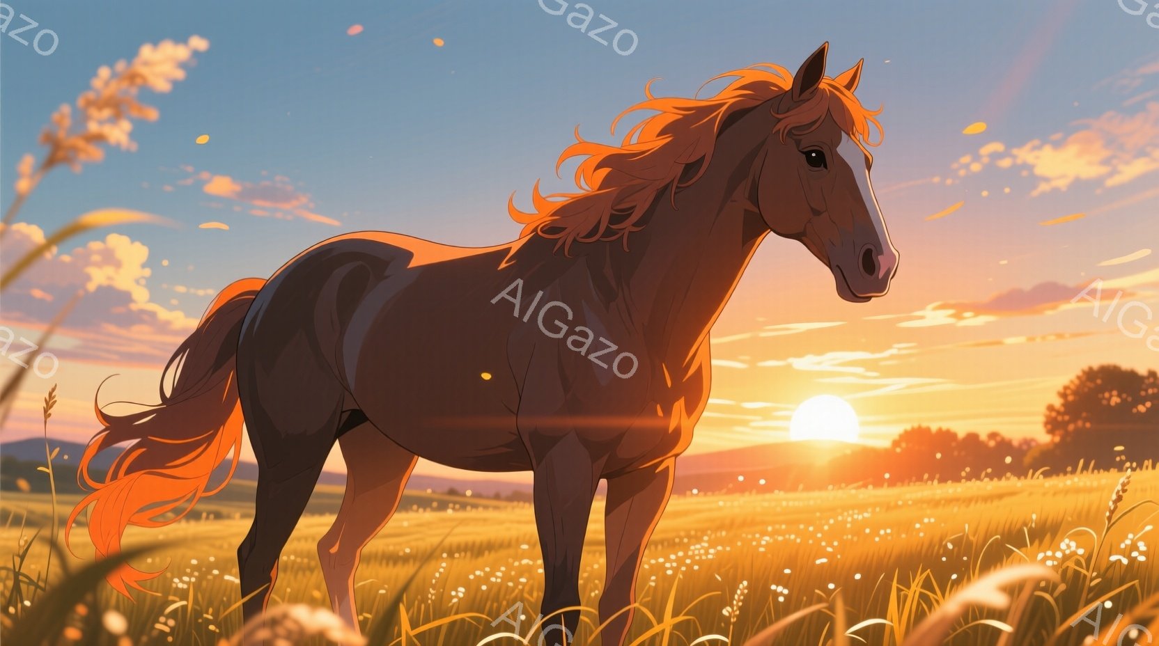 夕焼けに照らされた栗色の馬が、草原の中に立っている。馬は右向きに立ち、たてがみが風になびき、落ち着いた表情で遠くを見つめている。背景には黄金色の草原と、遠くに見える丘陵地帯、そして沈みゆく太陽が広がり - AI生成フリー素材