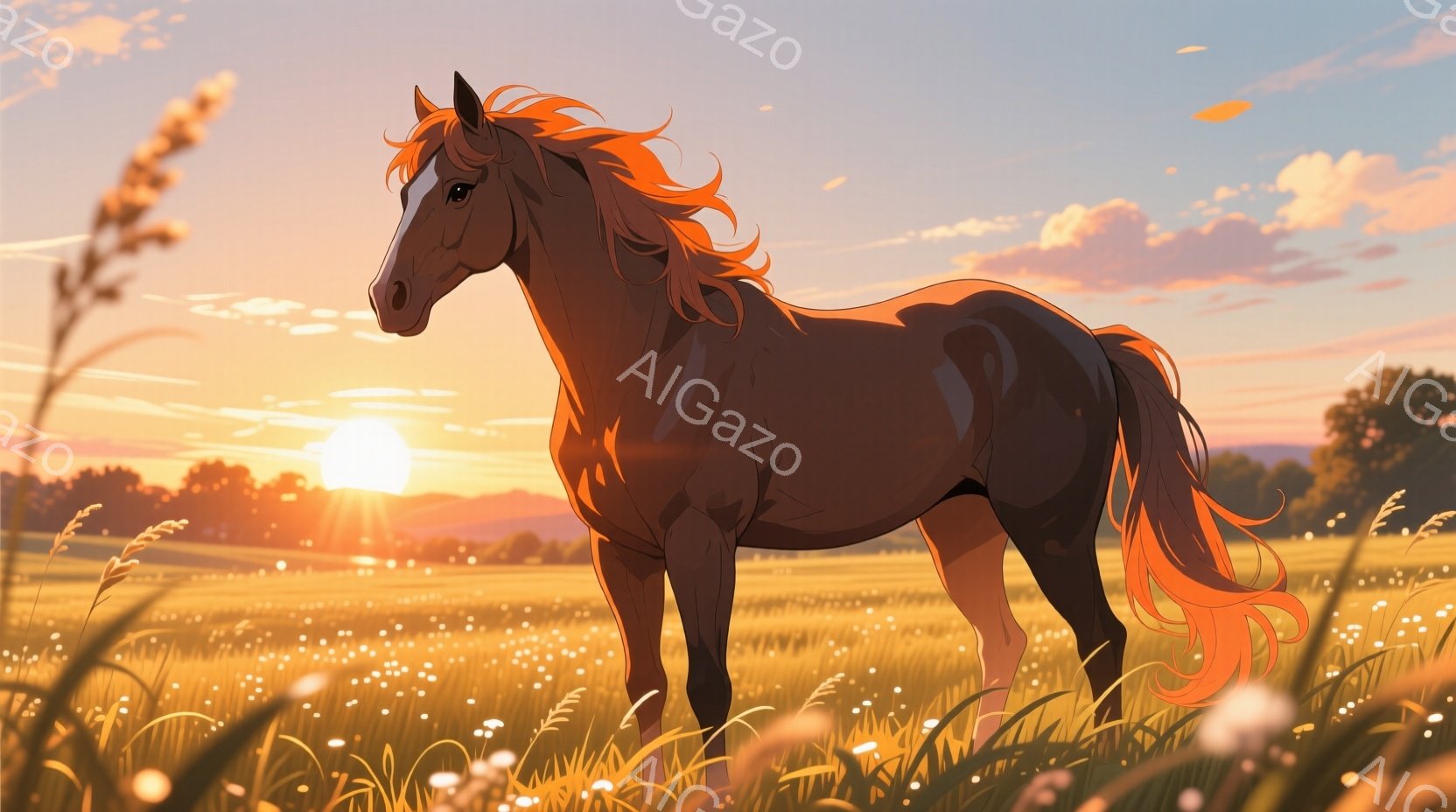 夕焼けに照らされた茶色の馬が、花畑の草原に立っている。馬のたてがみと尾は赤みがかったオレンジ色で、風になびいているように見える。背景には緑豊かな丘陵と、太陽の光が差し込む暖かい風景が広がっている。