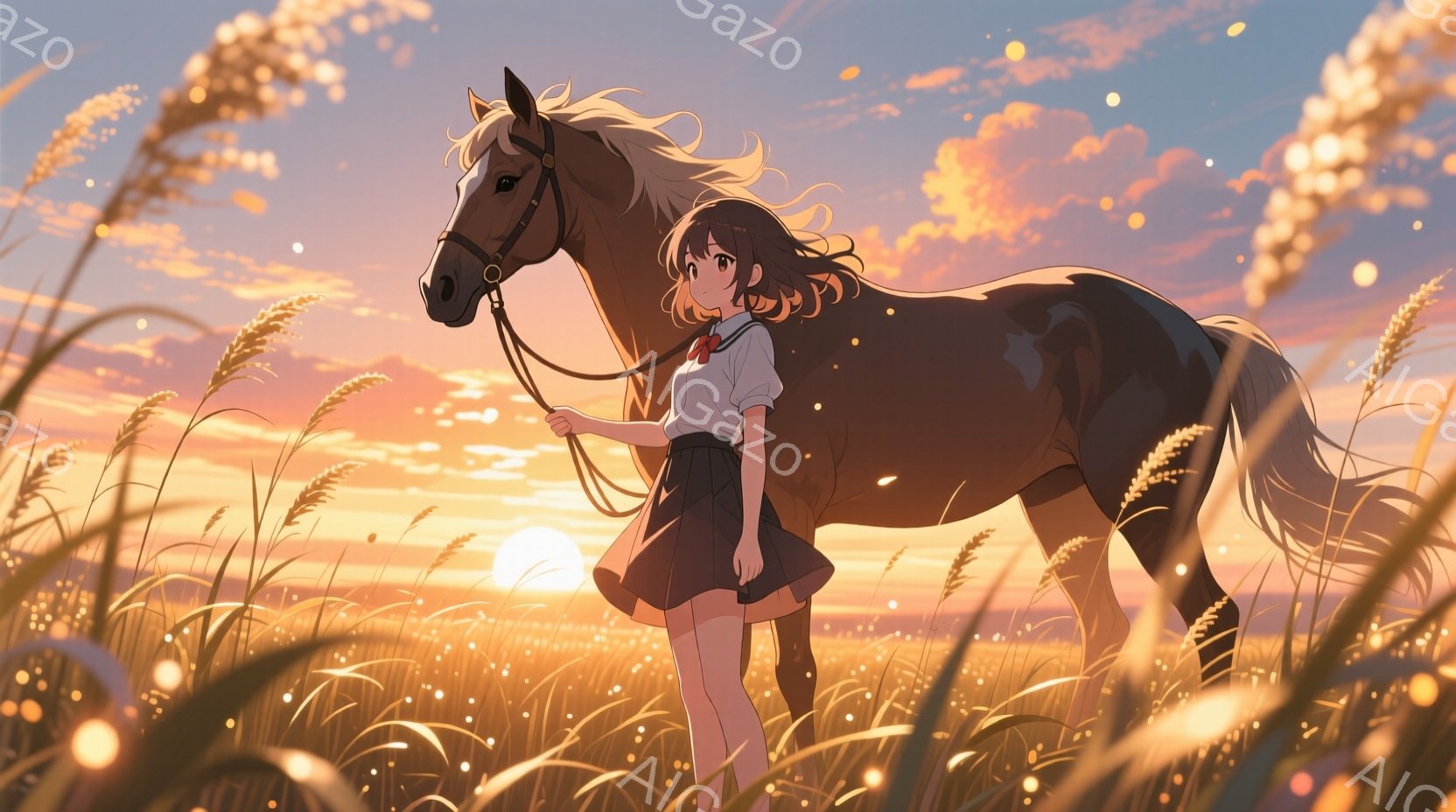 明るい夕焼けを背景に、少女が茶色の馬の隣に立っている。彼女は白いシャツに黒いスカート、赤いリボンを身に着け、長い茶色の髪を風になびかせている。黄金色の草原が広がり、暖かい光に包まれ、穏やかで希望に満ち - AI生成フリー素材