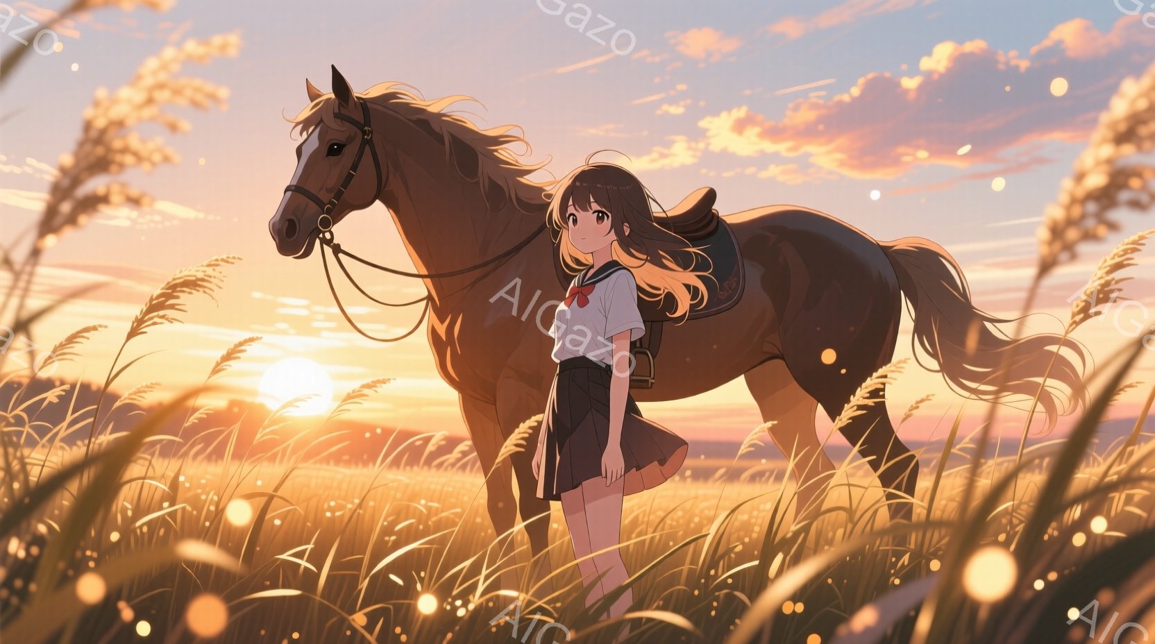 金色の草原で、茶色の馬の隣に立つ少女が描かれています。彼女は白いブラウスに茶色のスカート、赤いリボンとネクタイをつけ、長い茶髪をなびかせています。背景には夕焼けが広がり、草原は黄金色に輝き、穏やかで温 - AI生成フリー素材