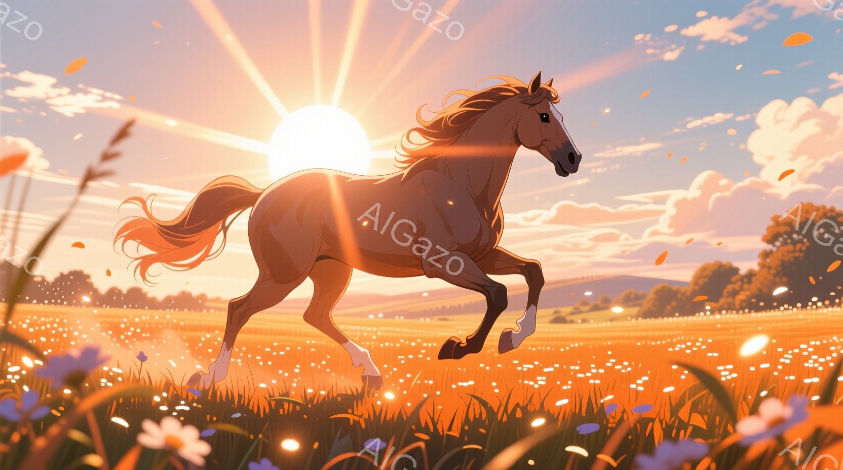 広大な草原を栗色の馬が疾走している。夕焼けのような暖かい光が馬の体を照らし、周囲の草花を金色に染めている。背景には、穏やかな丘陵地帯と木々が見え、空には太陽が輝き、全体的に力強く自由な雰囲気を醸し出している。
