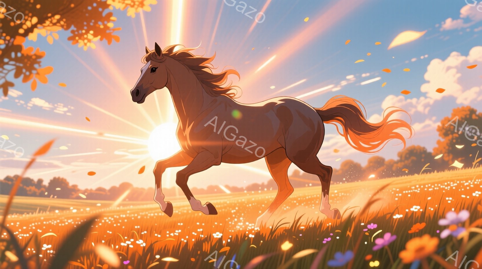 栗色の馬が、花が咲き乱れる草原を力強く駆けている。背景には朝日が輝き、暖かく希望に満ちた雰囲気を作り出している。馬のたてがみと尾は風になびき、その躍動感と力強さを際立たせている。