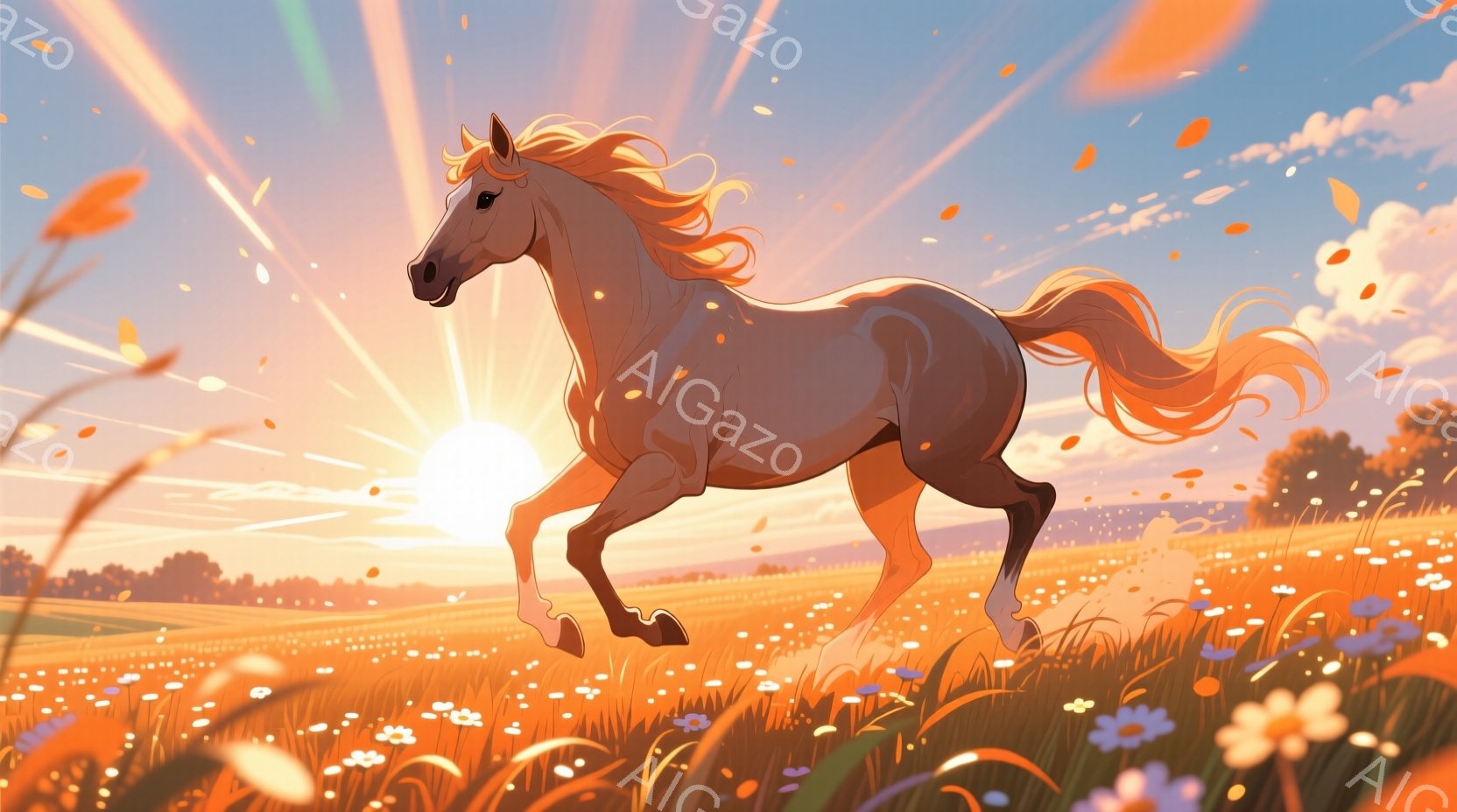 黄金色の夕焼けを背景に、白馬が野原を力強く駆け抜けている。馬のたてがみと尾は風になびき、筋肉質な体躯が躍動感を際立たせている。野原には様々な色の花々が咲き乱れ、暖かく希望に満ちた雰囲気を醸し出している。