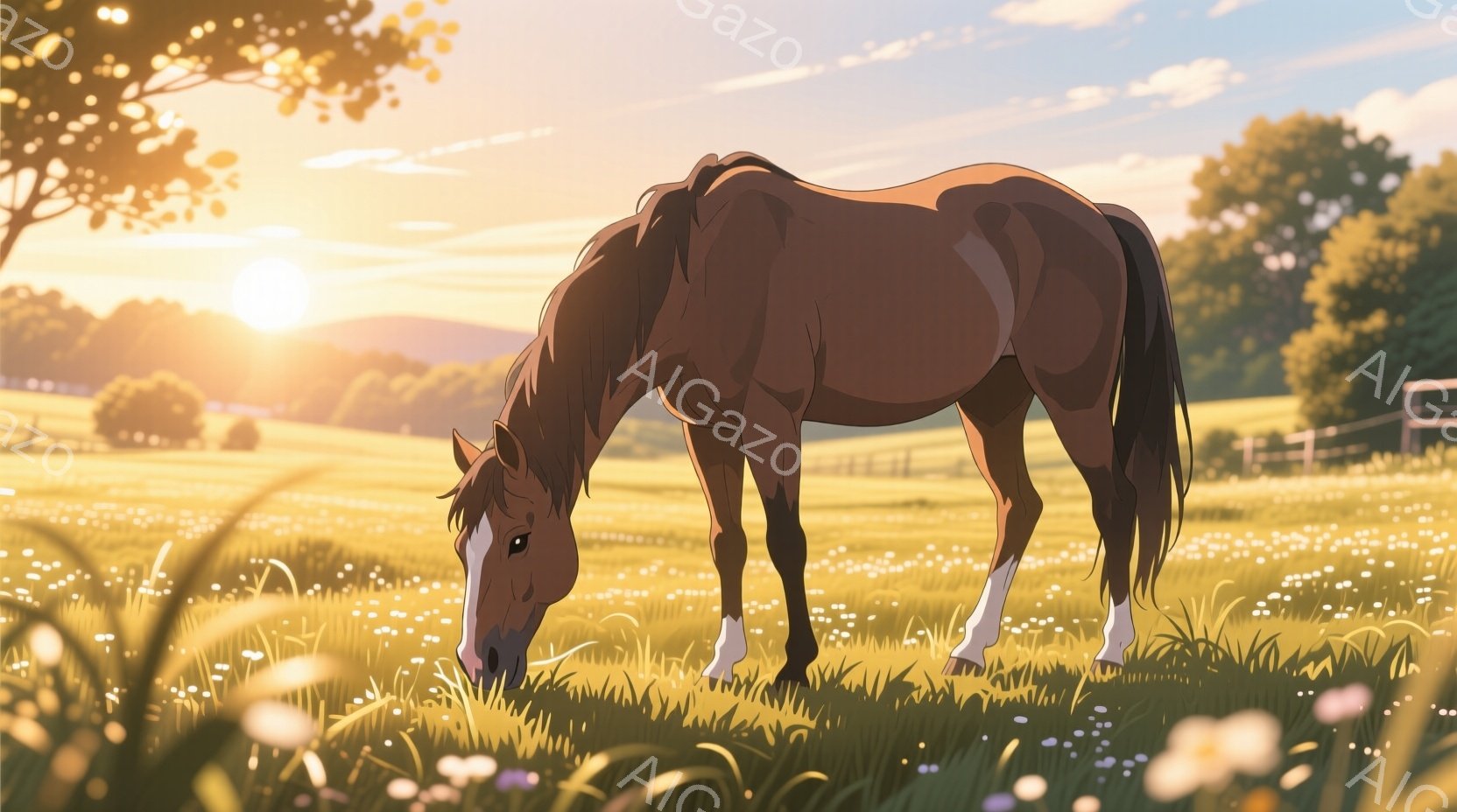 広大な草原で、栗色の馬が草を食んでいます。馬は白い足元を持ち、穏やかな表情で、ゆったりとした姿勢で草をむしゃむしゃと食べています。背景には緑豊かな丘陵地帯と、夕焼けのような暖かい光が広がっており、平和で牧歌的な雰囲気が漂っています。