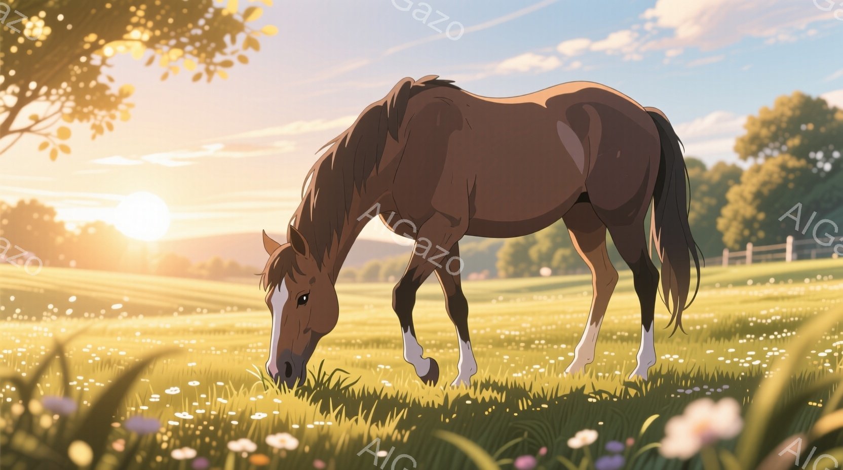 栗色の馬が緑豊かな草原で草を食べている。背景には穏やかな丘陵と木々が広がり、太陽が沈みかけて黄金色の光を草原全体に投げかけている。全体的に穏やかで平和な雰囲気が漂い、暖かく優しい光が馬の姿を美しく照ら - AI生成フリー素材