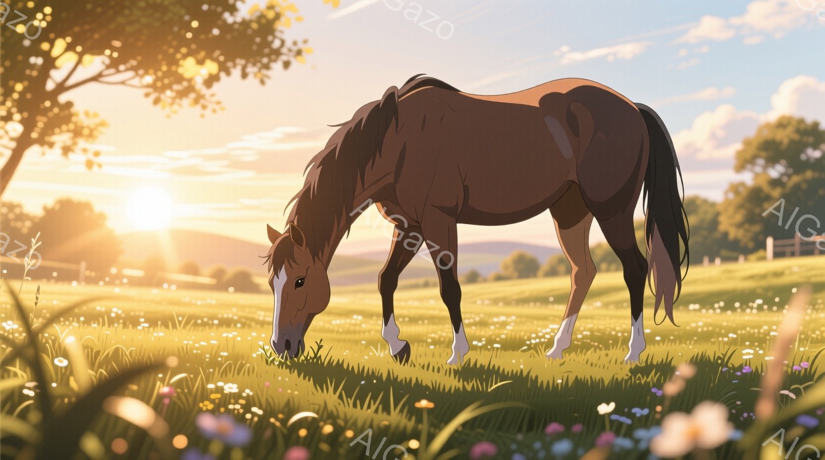 広々とした緑の草原で、茶色の馬が草を食べている姿が描かれている。馬は白い足元を持ち、毛並みが美しく、穏やかな表情で、夕焼けの柔らかい光に照らされている。背景には緑の丘陵と柵があり、野花が咲き乱れ、平和で牧歌的な雰囲気が漂う。