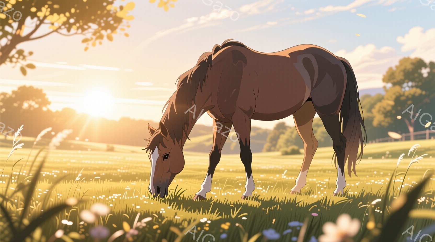 黄金色の草原で栗色の馬が草を食べている。馬は白い脚と顔の白い模様があり、穏やかな表情で静かに食事をしている。背景には緑の丘と木々が広がり、太陽の光が暖かく照らし、平和で牧歌的な雰囲気を醸し出している。