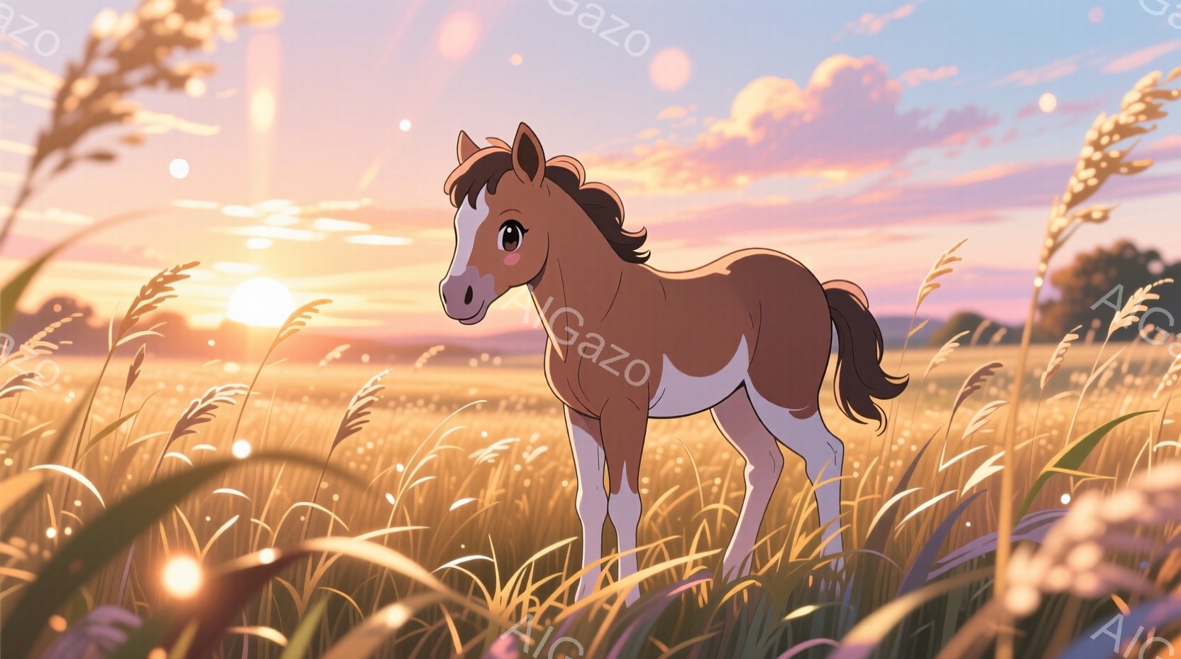 広大な草原の中に、茶色と白の毛並みを持つ若い馬が立っている。夕焼け空の下、背の高い草が揺れ、馬の周りを明るく照らしている。温かく穏やかな雰囲気で、自然の美しさを感じさせる。