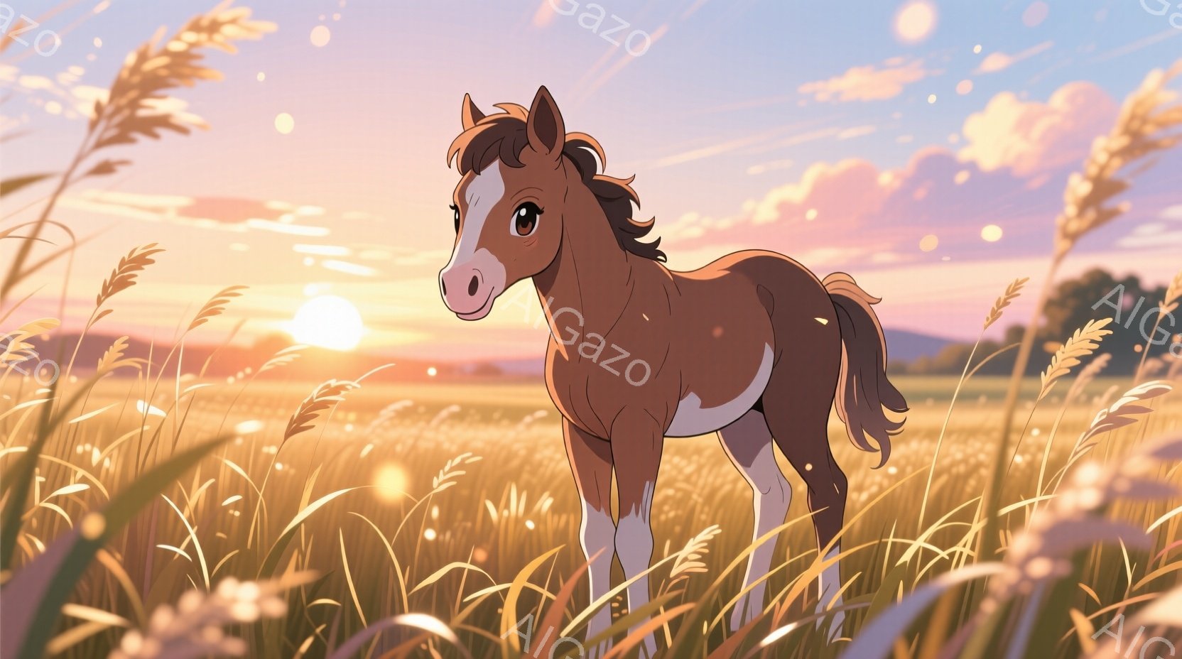黄金色の草原の中に、茶色い毛並みで白く足元が染まった子馬が立っている。夕焼け空の下、穏やかな表情でこちらを見つめ、周囲の背の高い草に囲まれている。背景には、遠くに見える緑の丘と、柔らかな光に包まれた空 - AI生成フリー素材