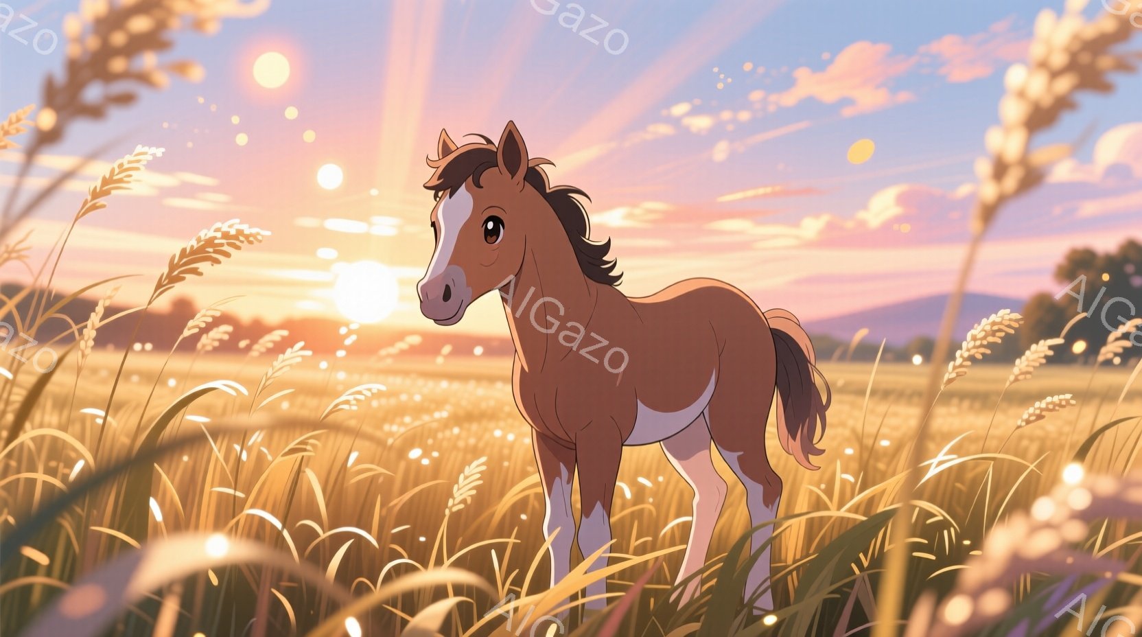 広大な麦畑の中に、茶色の毛並みで白い模様が入った子馬が一頭立っている。太陽が沈みかけ、空はオレンジとピンクのグラデーションで、麦畑には温かい光が差し込んでいる。子馬は穏やかな表情で、静かに周囲を見渡し - AI生成フリー素材