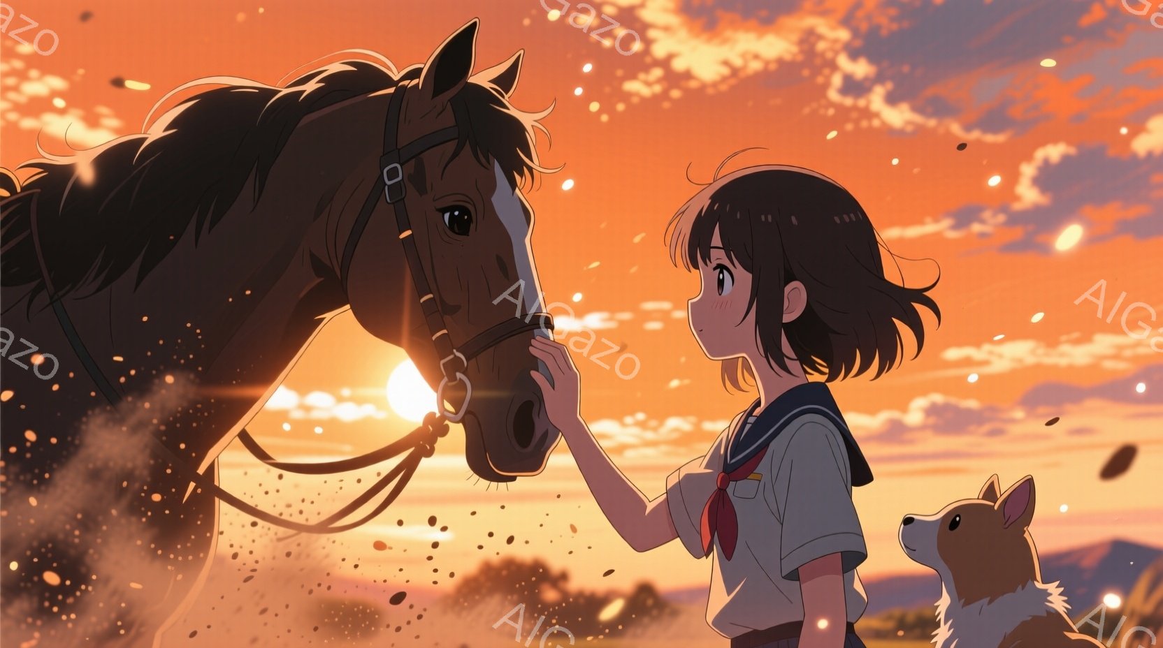 夕焼けを背景に、少女が馬に手を伸ばして優しく撫でています。彼女はセーラー服を着ており、髪は肩までの長さで、少し微笑んでいます。馬は土煙を上げながら走り、遠くには草原と夕焼け空が広がり、温かく穏やかな雰 - AI生成フリー素材