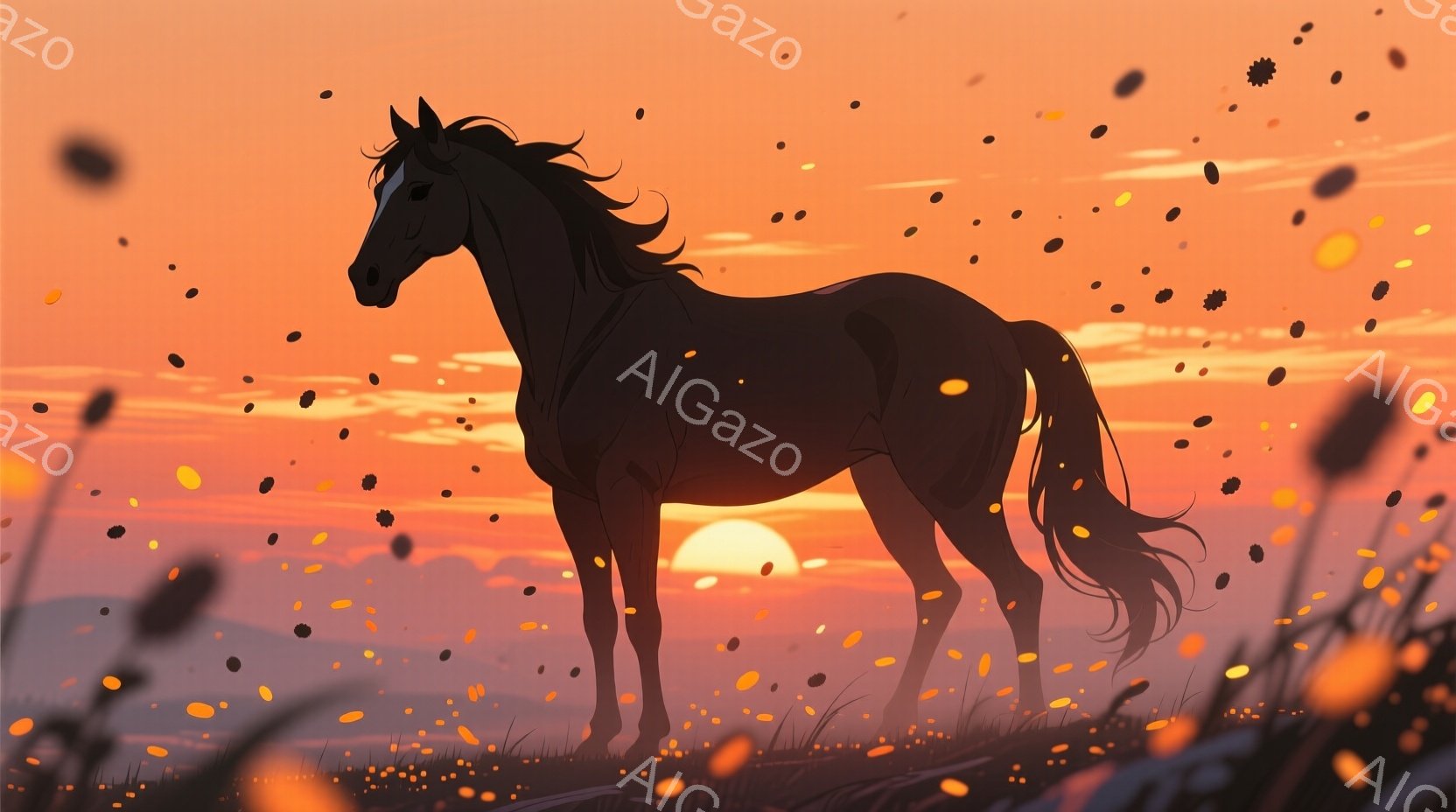 深い夕焼けを背景に、黒い馬が草原に立っている。馬は少し頭を下げ、そのシルエットがオレンジ色の光に照らされている。背景には、かすかに山々が見え、空には多くの光の粒子が舞い、静かで神秘的な雰囲気を醸し出し - AI生成フリー素材