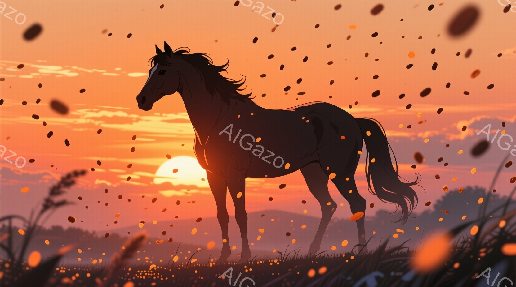 深い夕焼けを背景に、シルエット状の黒い馬が草原に立っている。馬は片足をわずかに持ち上げ、遠くを見つめているような姿勢で、まるで静かで力強い存在感を放っている。背景にはオレンジ色の夕焼けが広がり、草木の間から光が差し込み、幻想的な雰囲気を醸し出している。