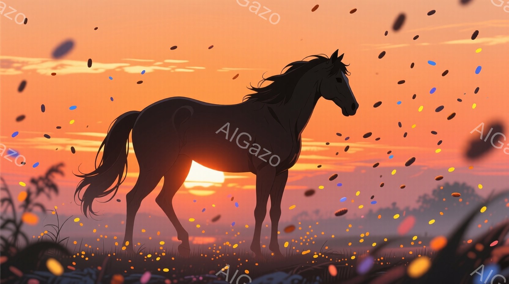 黒い馬が夕焼けを背景に草原を歩いているシルエットが描かれている。空はオレンジと赤のグラデーションで、小さな光の粒子が舞い上がっている様子が幻想的な雰囲気を醸し出している。馬のたてがみと尾は風になびき、 - AI生成フリー素材